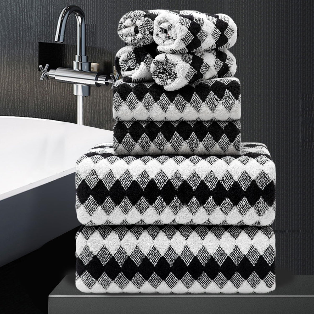 8 Piece Bathroom Towel Set Black White|2 Oversized Large Bath Towels Sheet,2 Hand Towels,4 Washcloths| 600GSM Soft Towel Set for Bathroom - image 1