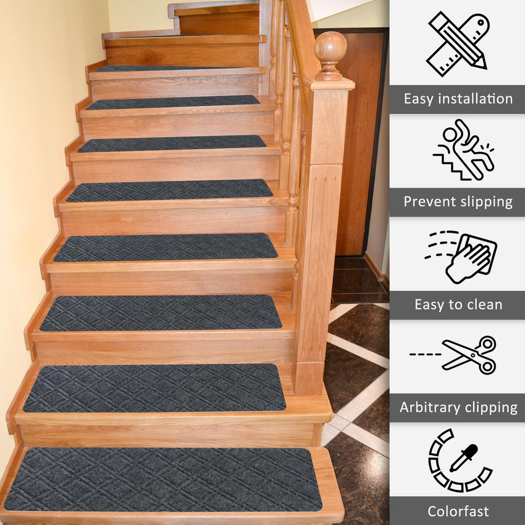 Triceratops Non-Slip Stair Treads - 14-Pack Washable Wool Blend Runners