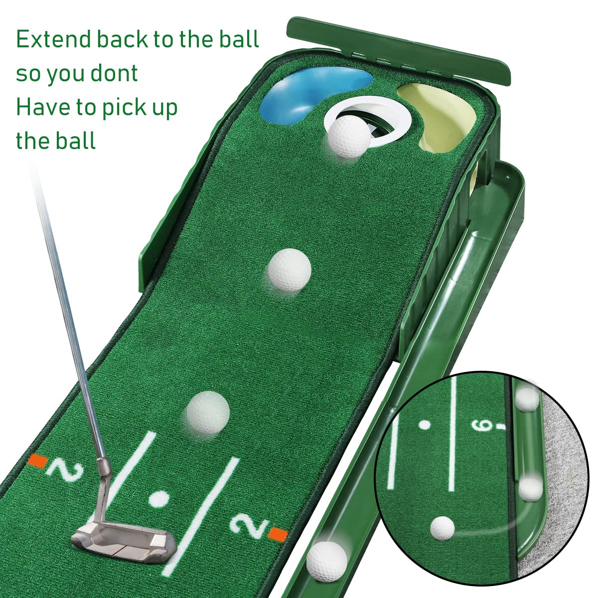 HUAEN Golf Putting Green Mat with 3 Holes and Auto Ball Return – 9.35ft