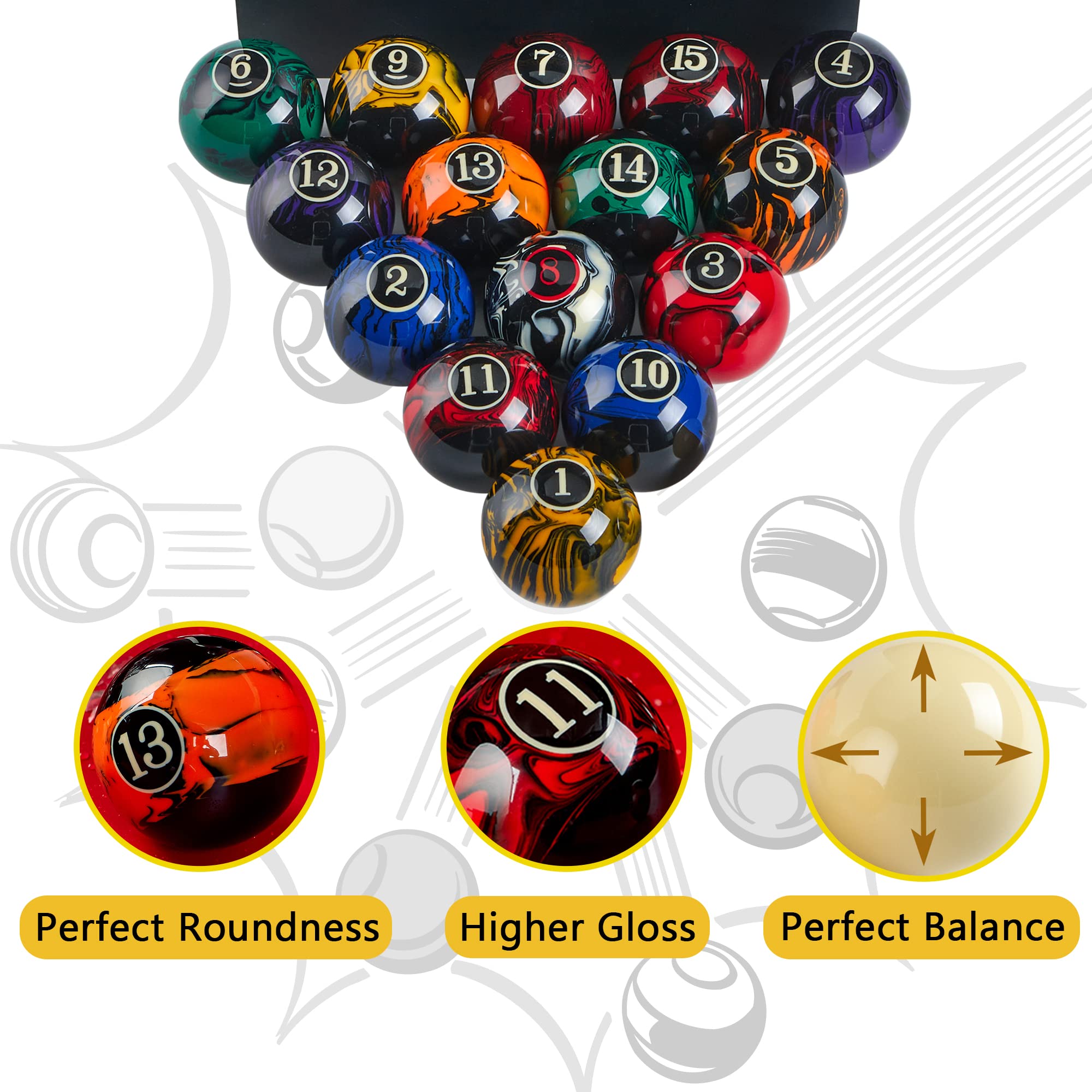 Billmart Black Marble Billiard Balls - 2-1/4" Regulation Pool Ball Set