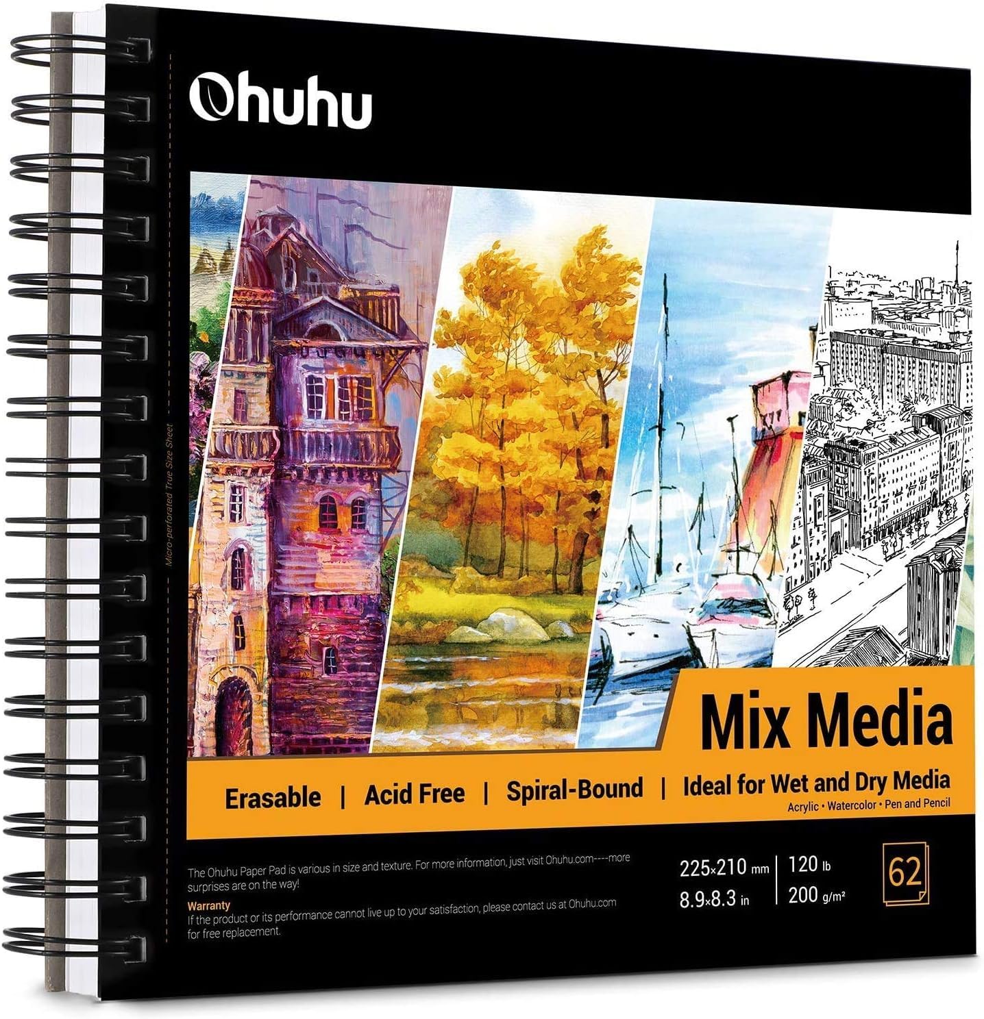 Ohuhu Mixed Media Sketchbook | 200gsm Square Spiral Hardback - 8.3x8.3"