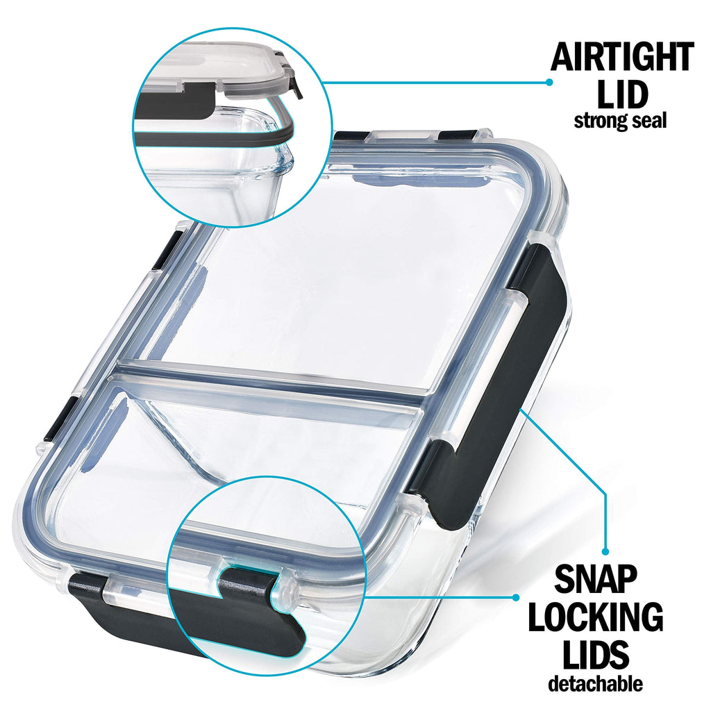 Igluu Glass Meal Prep Containers - 2 Compartment Airtight Food Storage