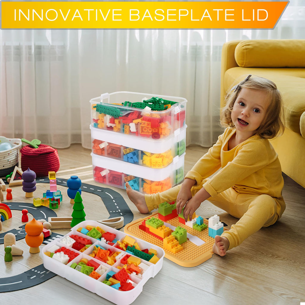 Jolof Store Lego Storage Organiser – 3 Layer Stackable Toy Box with Baseplate