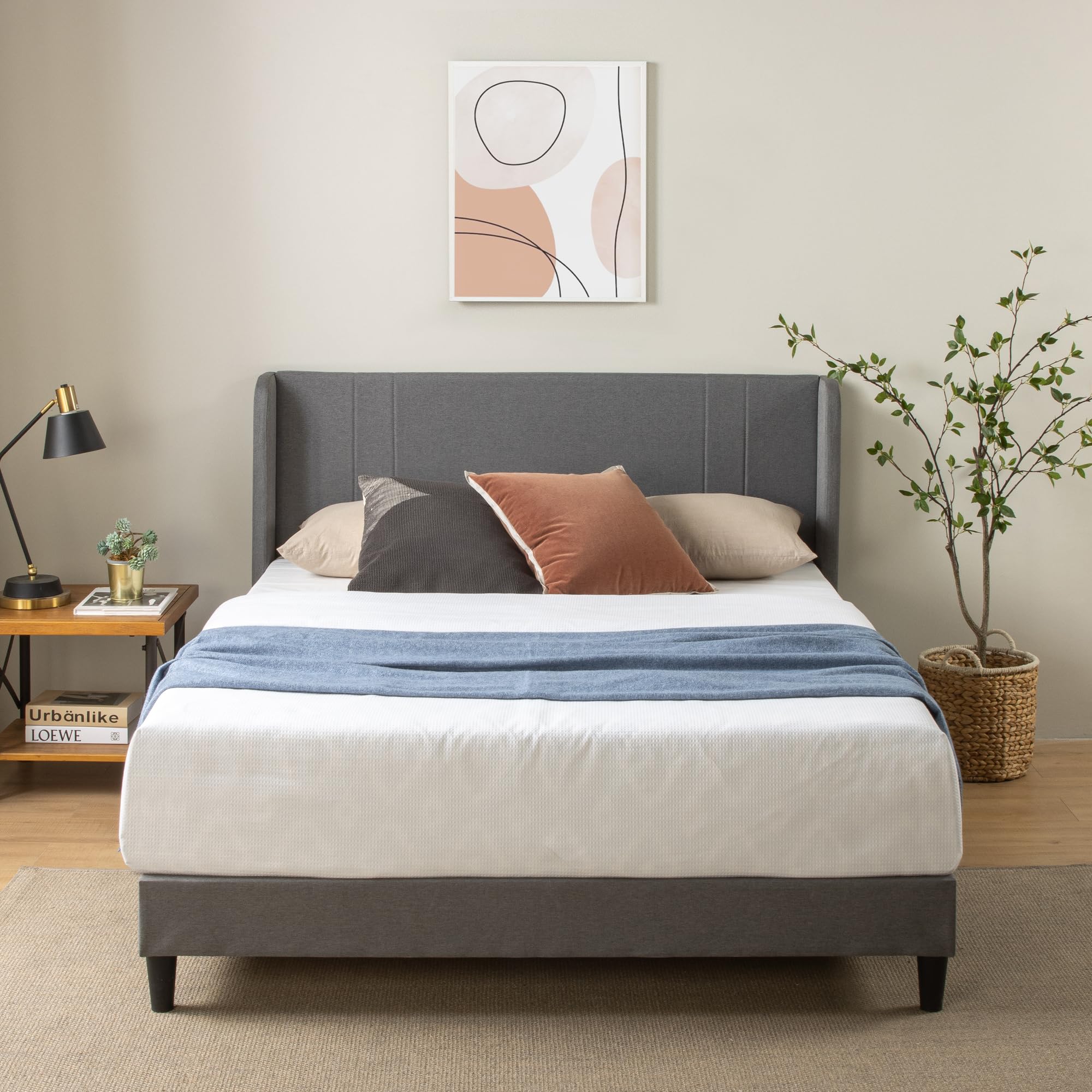 Zinus Sasha King Bed Frame – Upholstered Wingback with Bamboo Slats