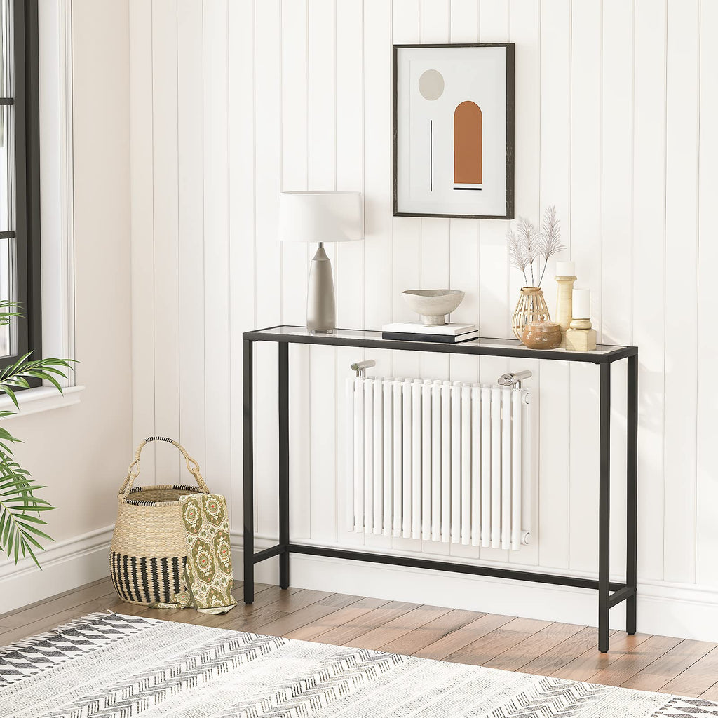 HOOBRO Modern Glass Console Table – Slim Metal Sofa Table, Black