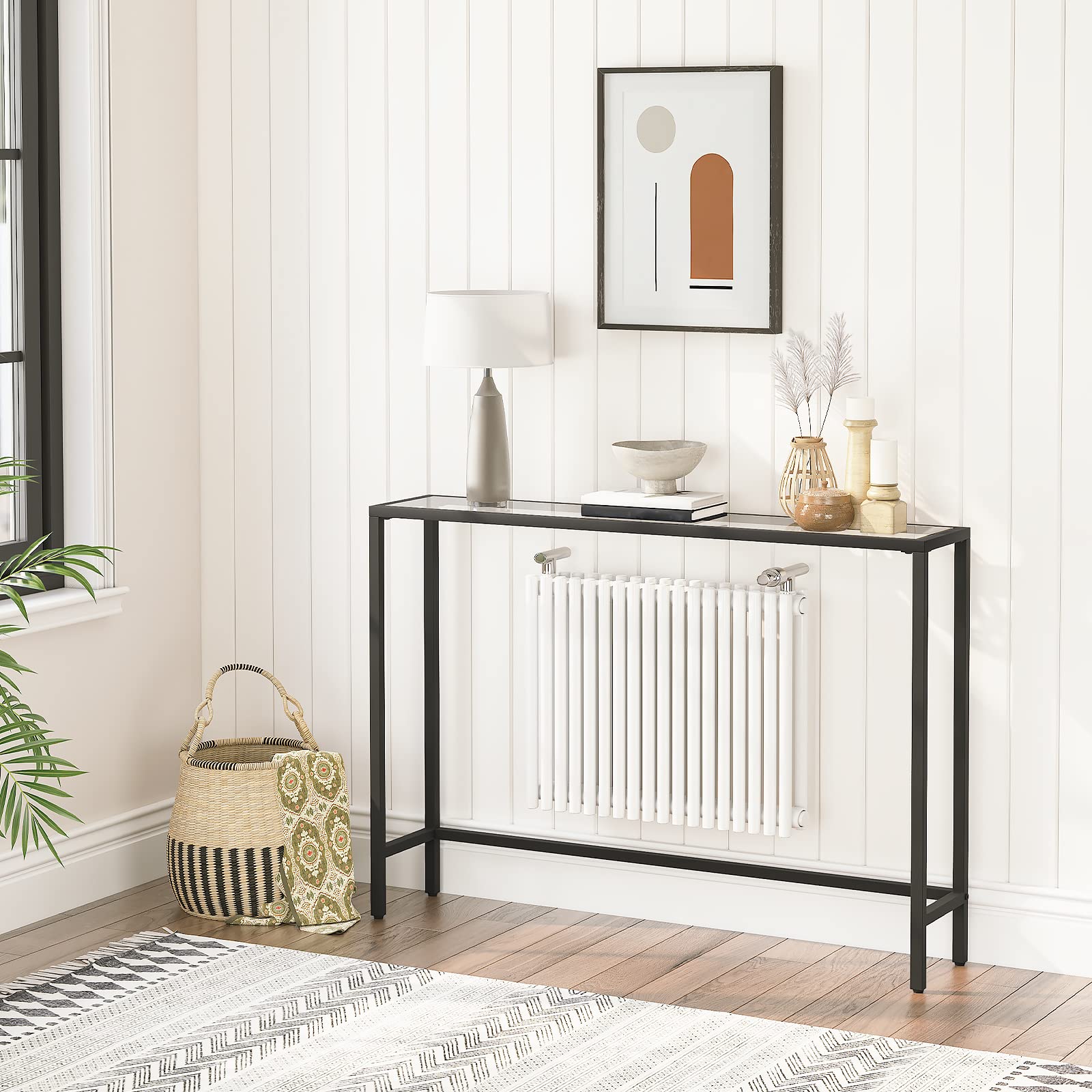 HOOBRO Modern Glass Console Table – Slim Metal Sofa Table, Black