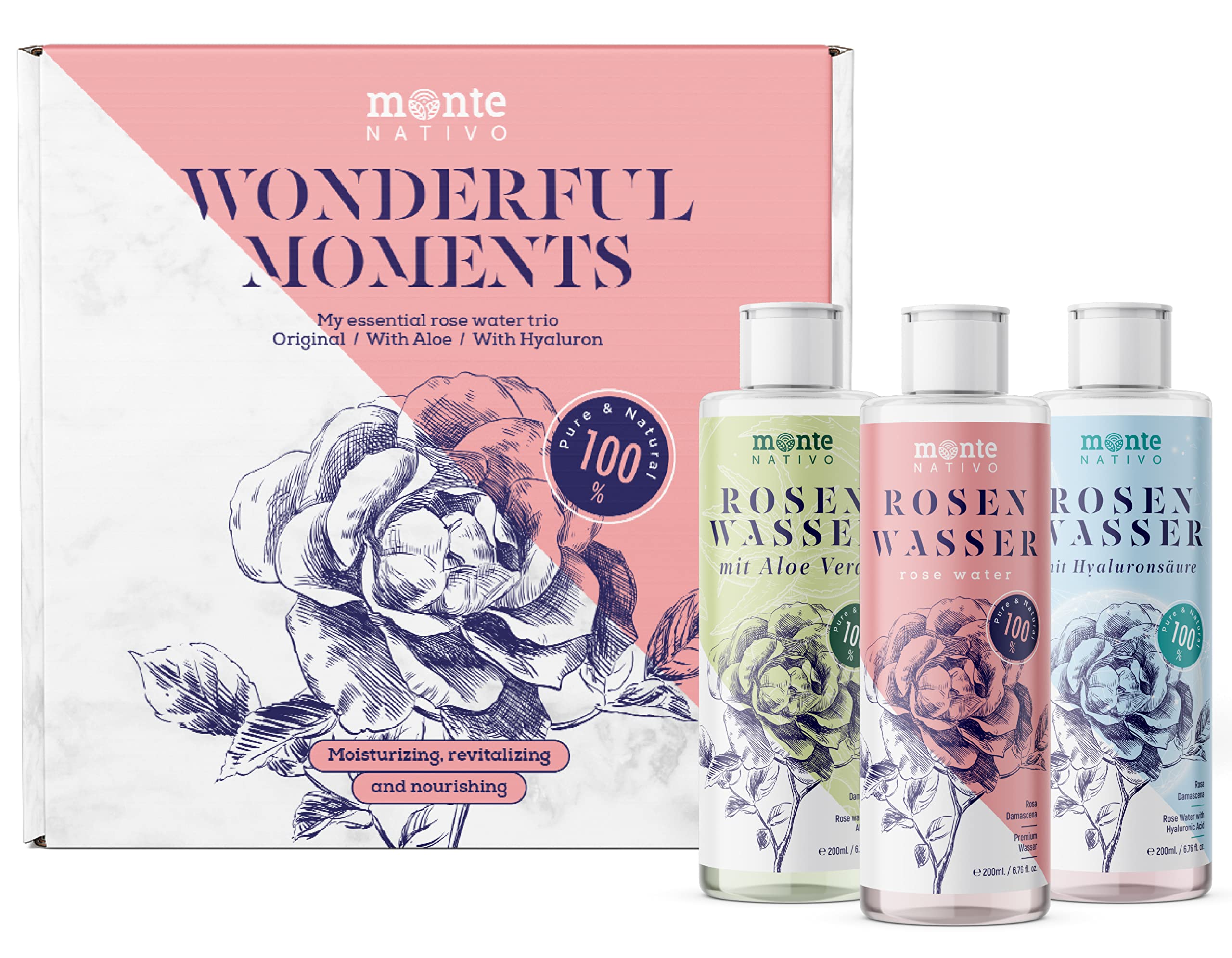 Monte Nativo Rose Water Gift Set | Natural Skin Care with Aloe & Hyaluron