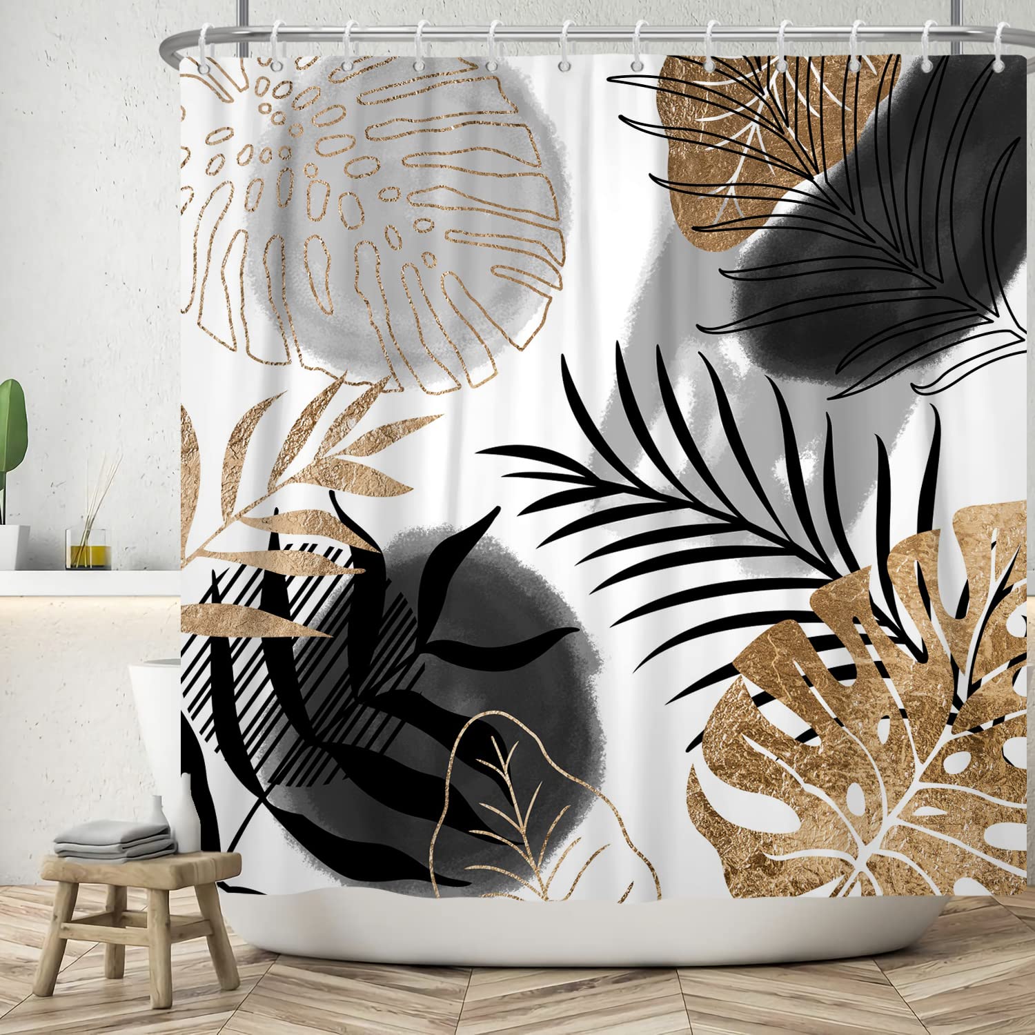 Ttincceer Boho Shower Curtain | Abstract Black Gold Palm Leaves | 60x72