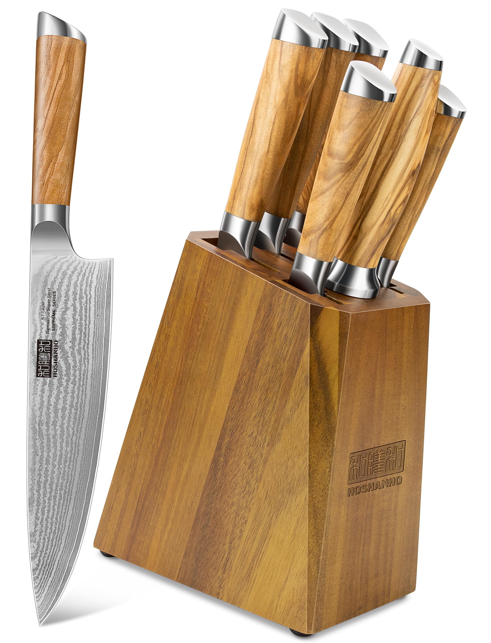 HOSHANHO 7-Piece Damascus Steel Kitchen Knife Set with Block