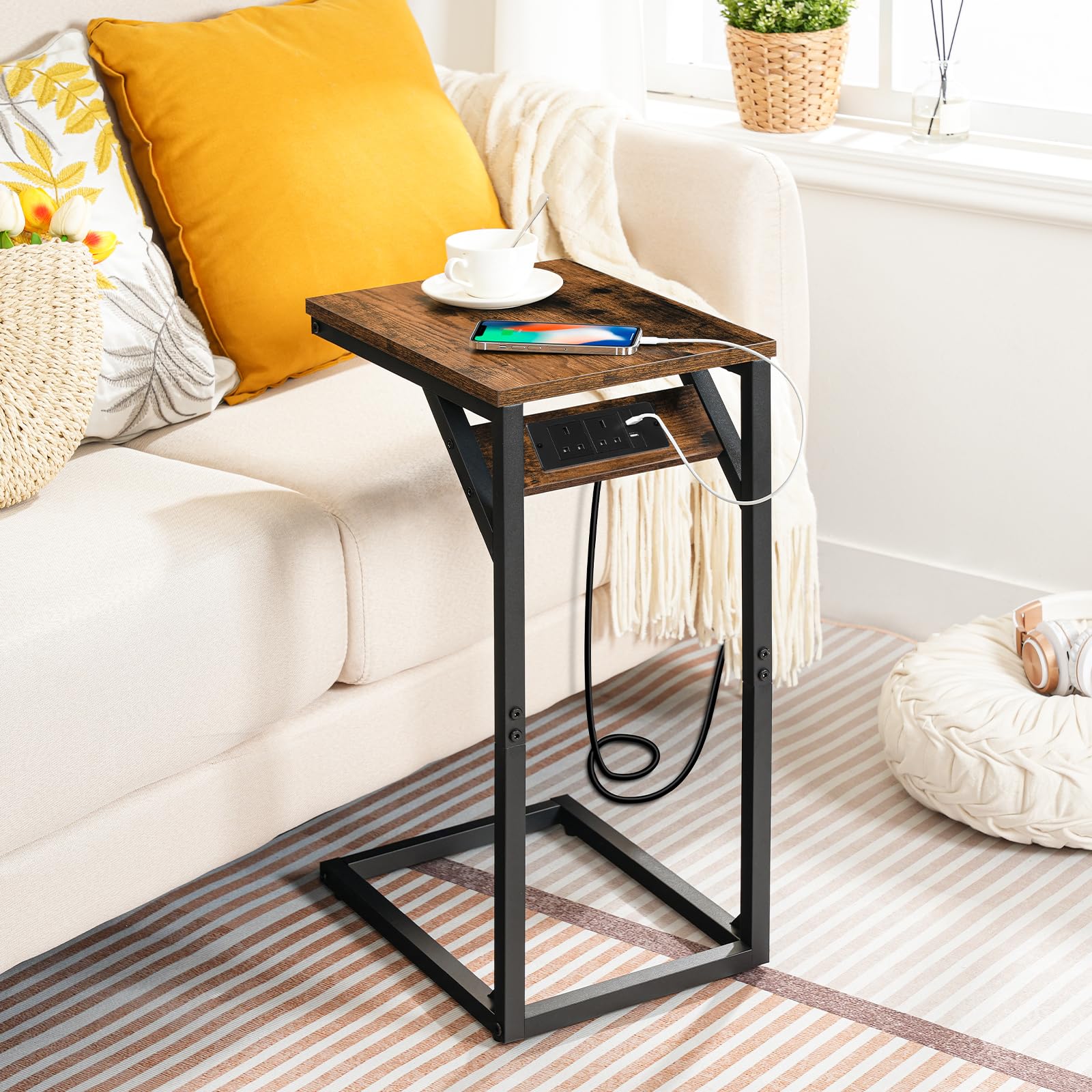 HOOBRO C Shaped Side Table with Charging Station - Rustic Brown & Black