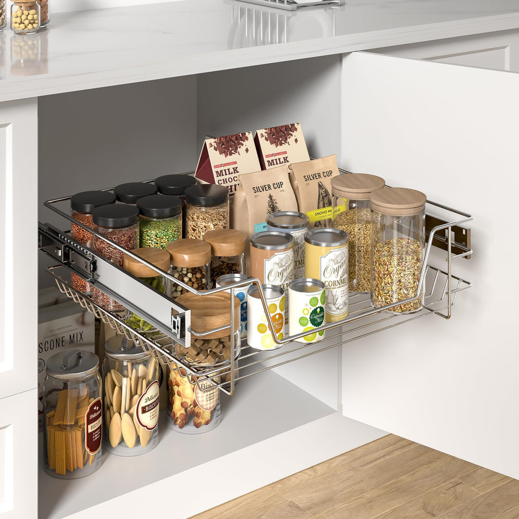XEMQENER 600mm Pull Out Kitchen Wire Basket – Heavy Duty Cabinet Drawer