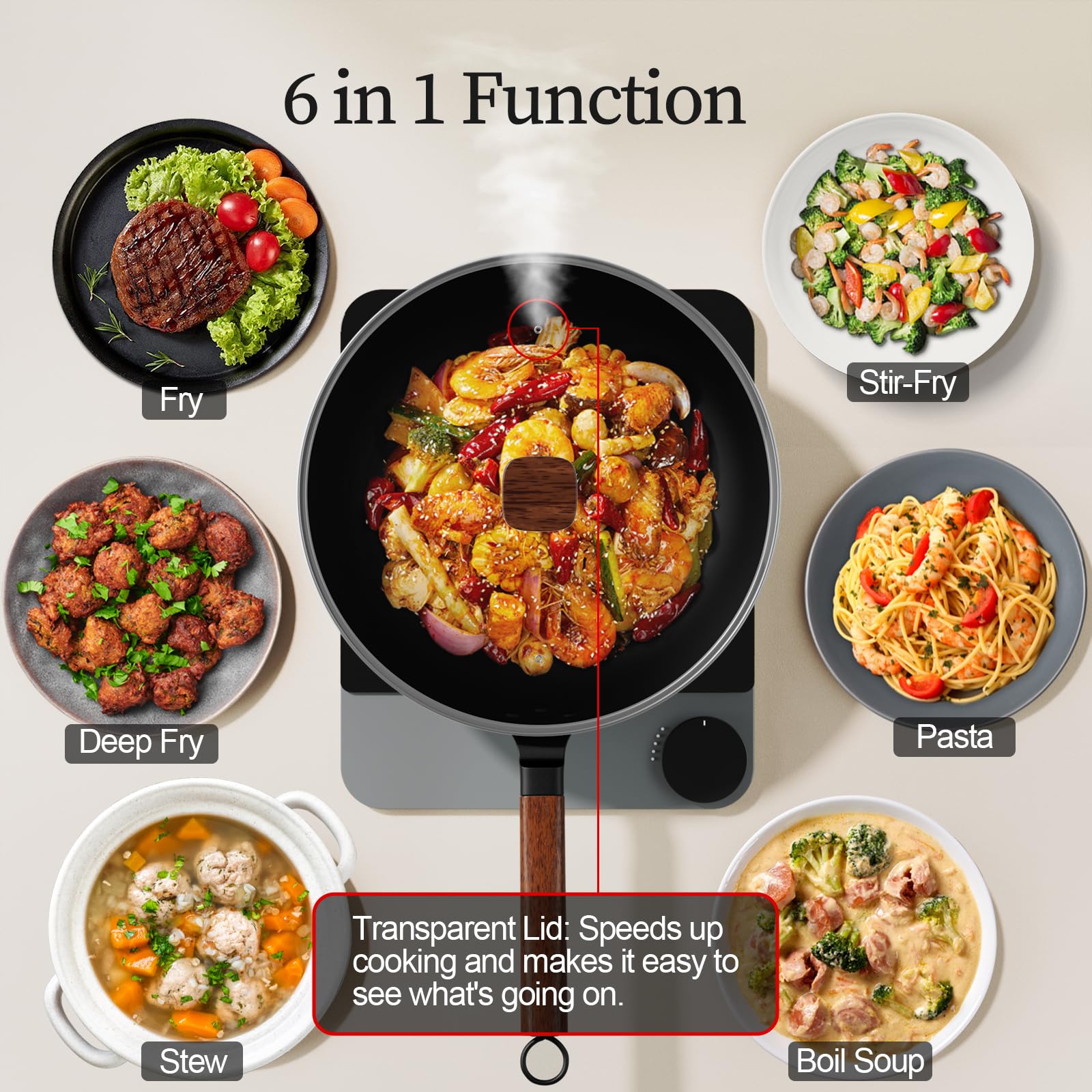 Jobin 13" Carbon Steel Wok with Lid – Non-Stick Flat Bottom Stir Fry Pan