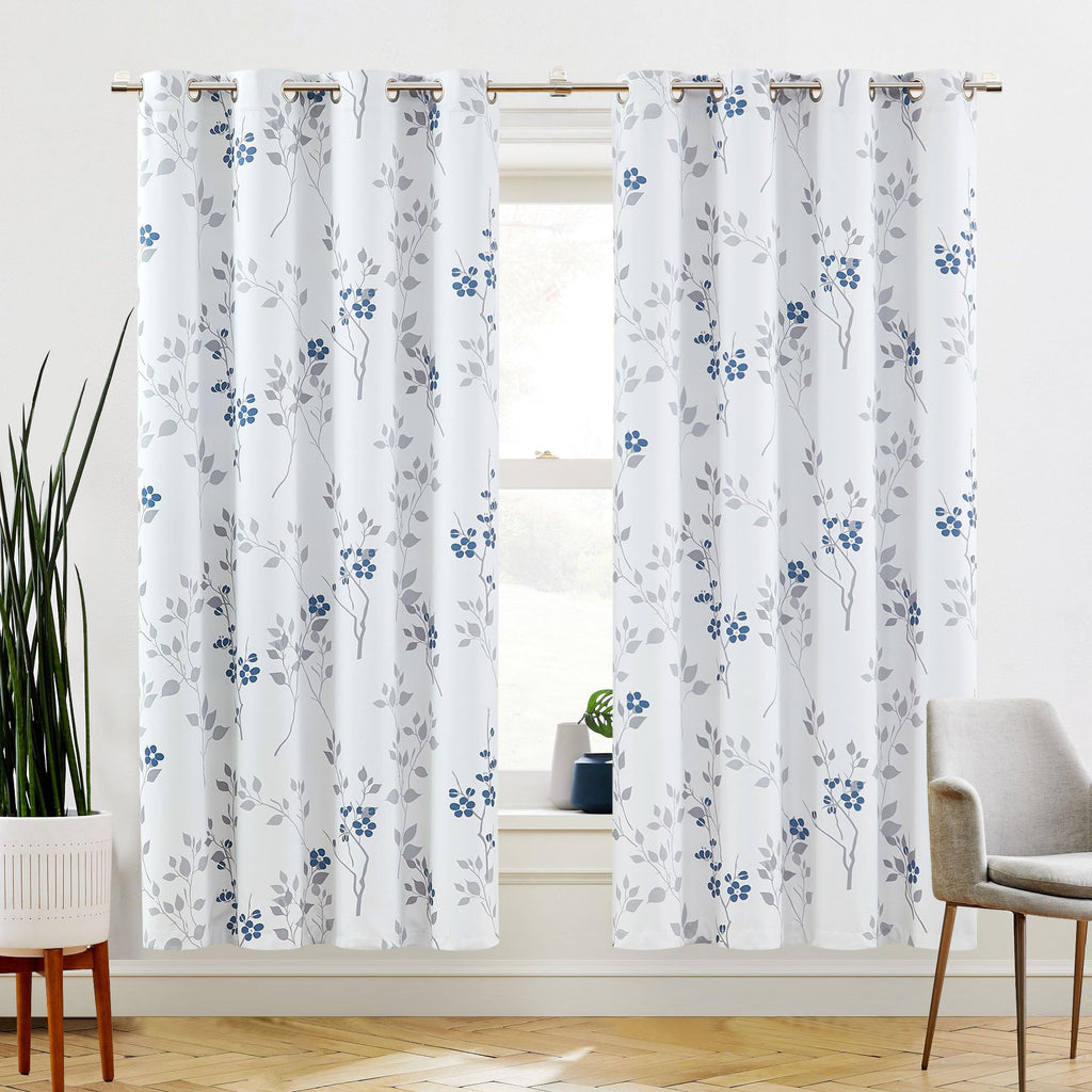 Jolof Store Blue Grey Floral Blackout Curtains - 72 Inch Thermal Drapes