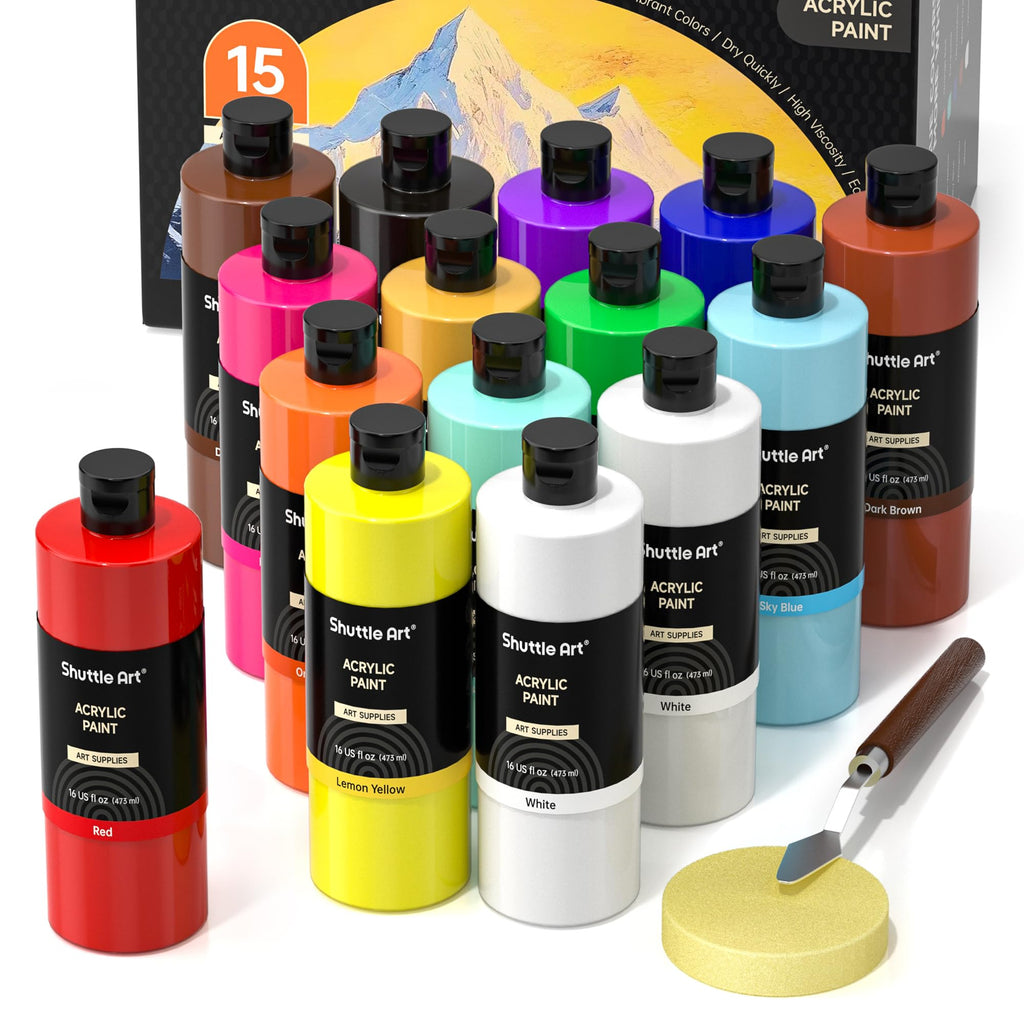 Shuttle Art Acrylic Paint Set - 15 Pack Large 16oz Bottles for Canvas & Wood