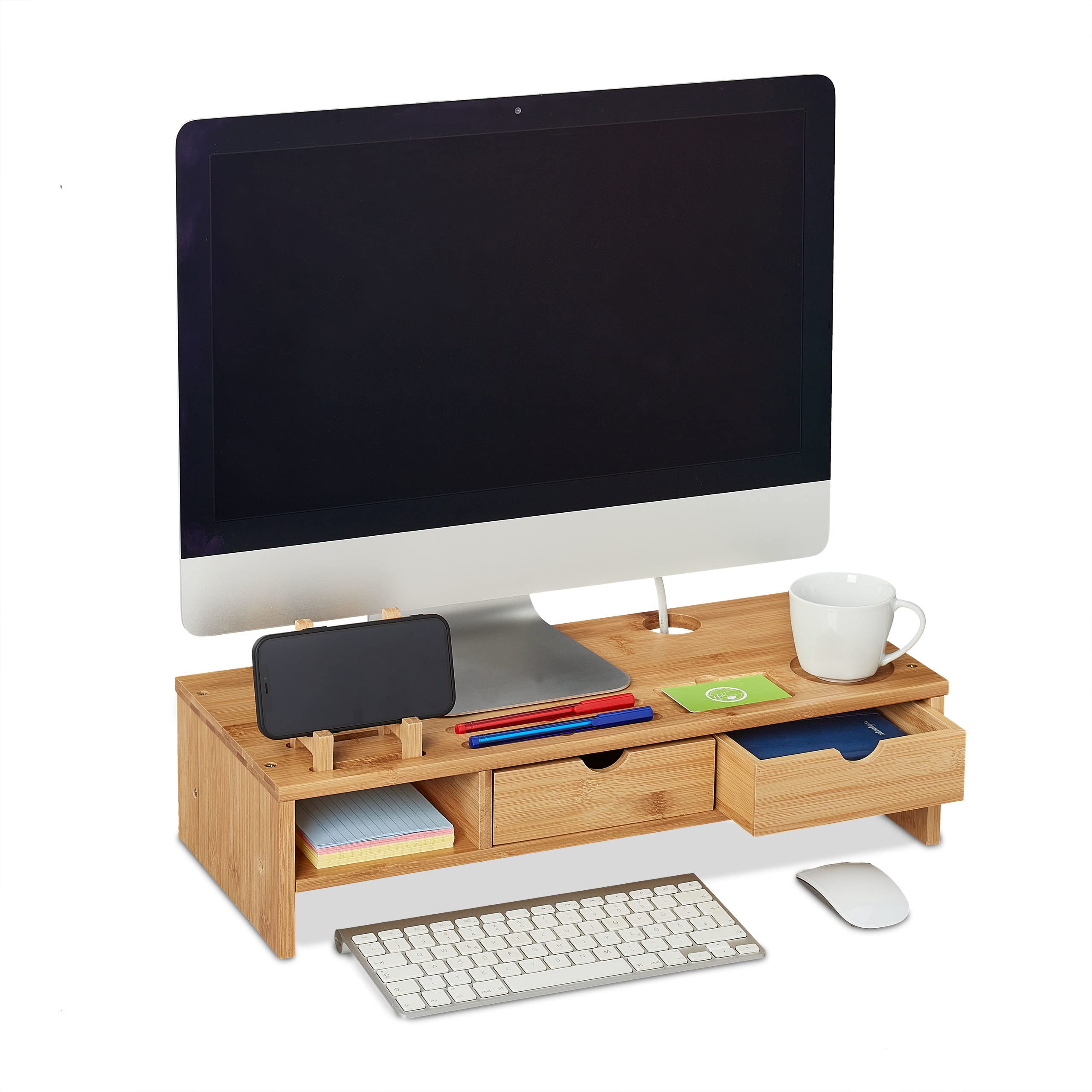 Relaxdays Bamboo Monitor Stand – Ergonomic Screen Riser with 2 Drawers