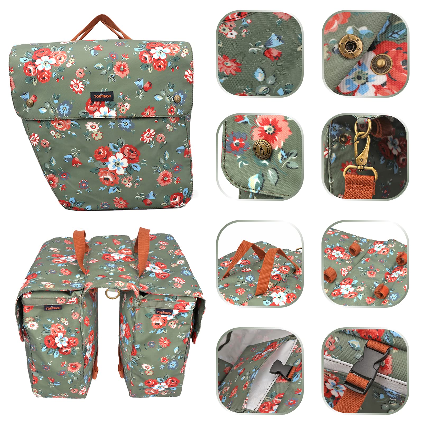 Tourbon Waterproof Canvas Bicycle Double Pannier Bag – Flower Pattern