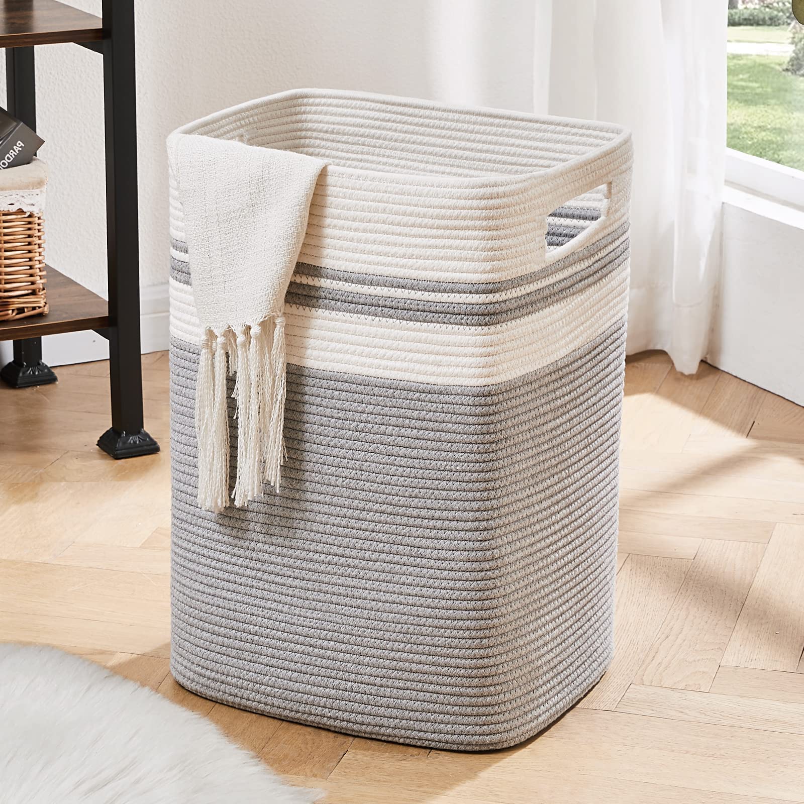 OIAHOMY Tall Cotton Laundry Hamper – Large Woven Storage Basket, Gray