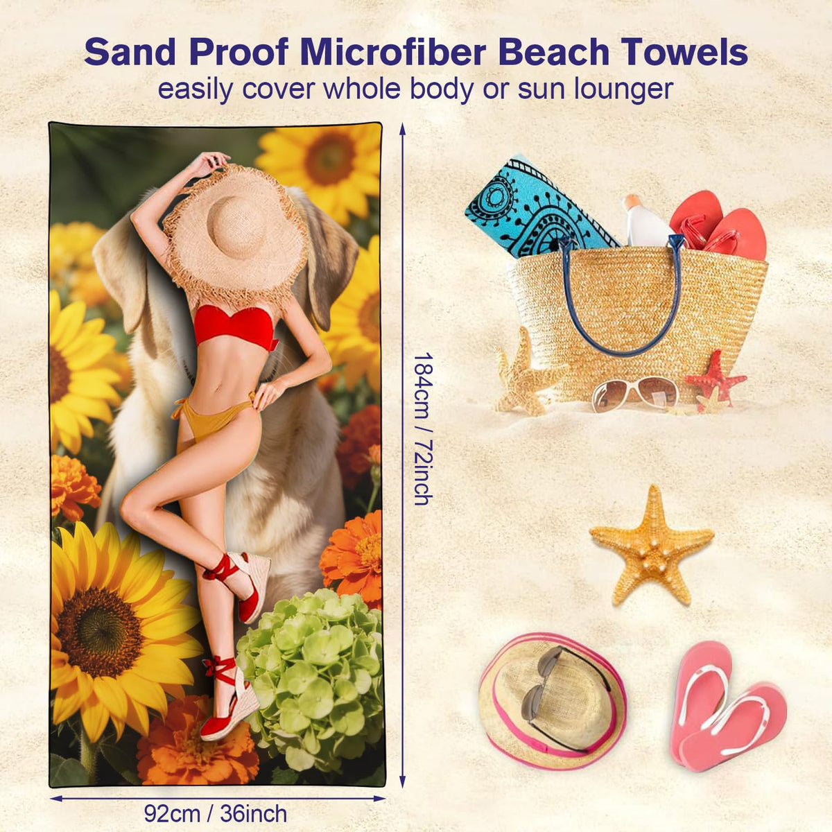 Violetpos Labrador in Sunflowers Beach Towel, Extra Large 180x90 cm 250GSM Microfibre, Sand Free Quick Dry - image 5