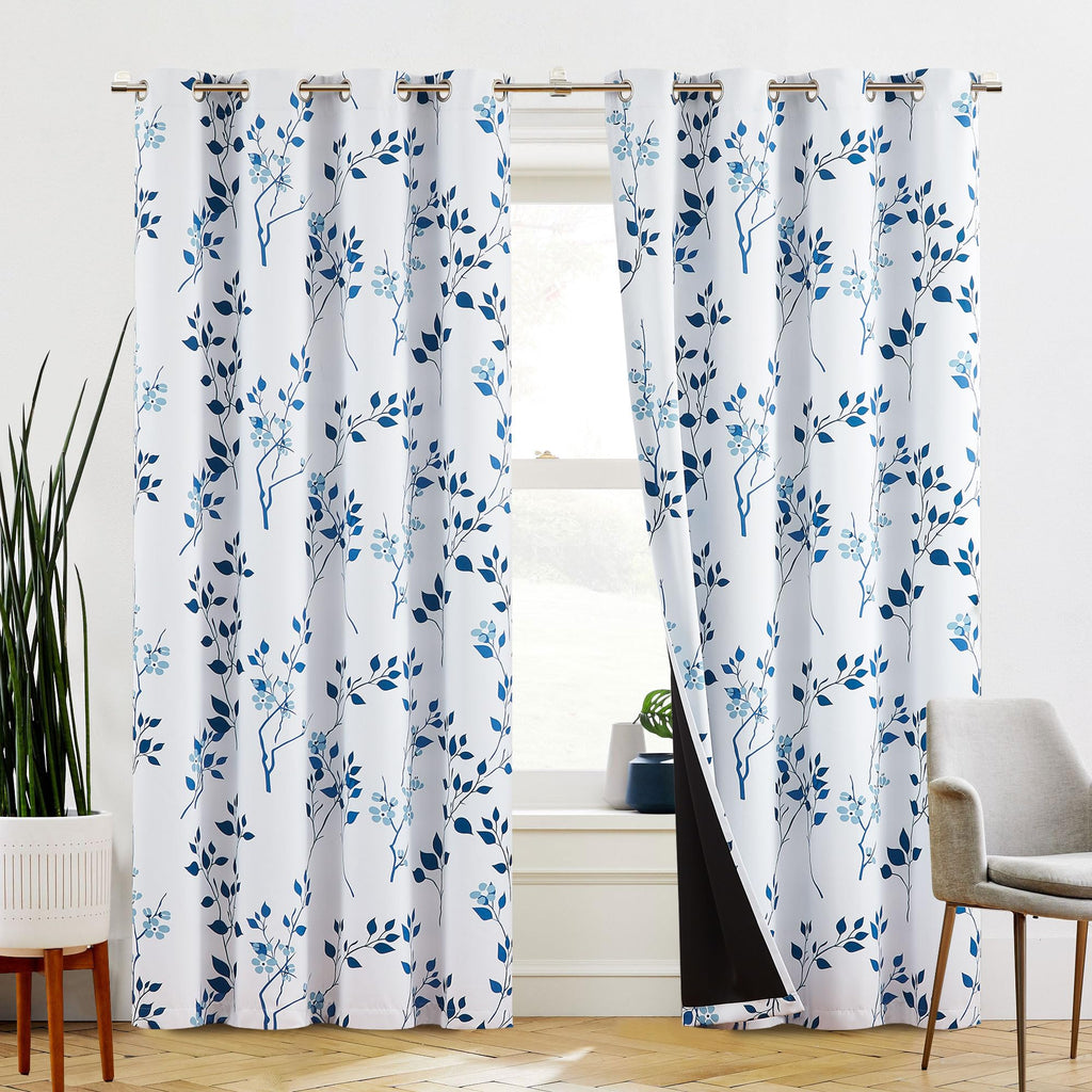 Beauoop Navy Blue Floral Blackout Curtains | Thermal Insulated 90 Inch Drop