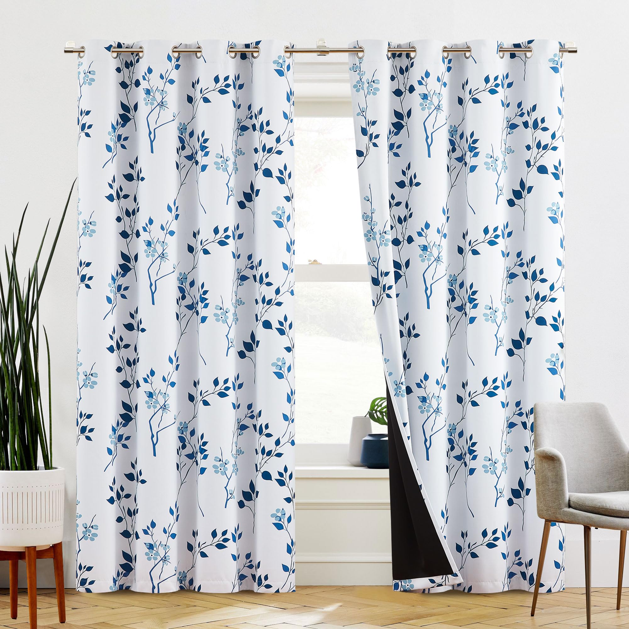 Beauoop Navy Blue Floral Blackout Curtains | Thermal Insulated 90 Inch Drop
