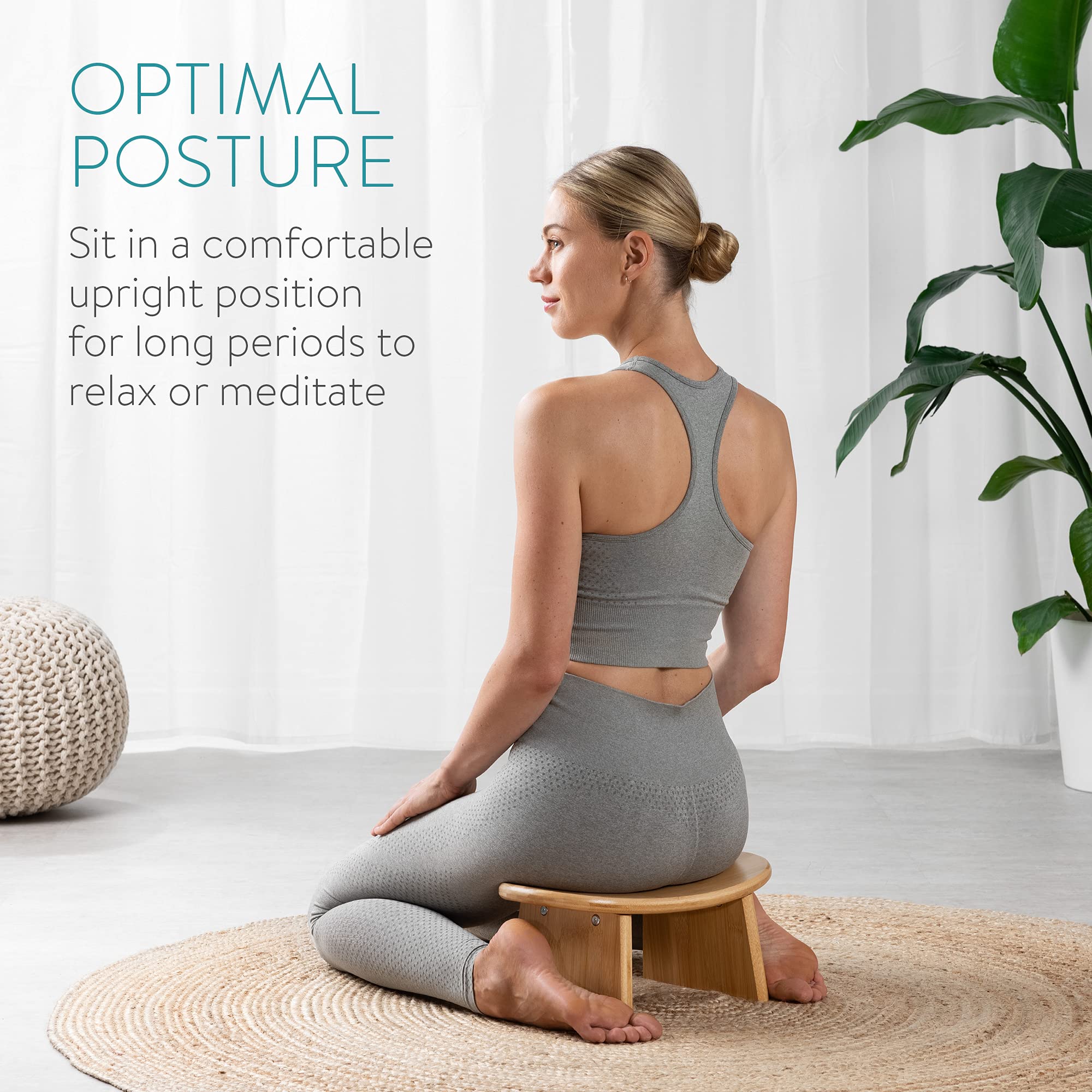 Navaris Bamboo Meditation Stool – Angled Ergonomic Yoga Bench, Light Brown
