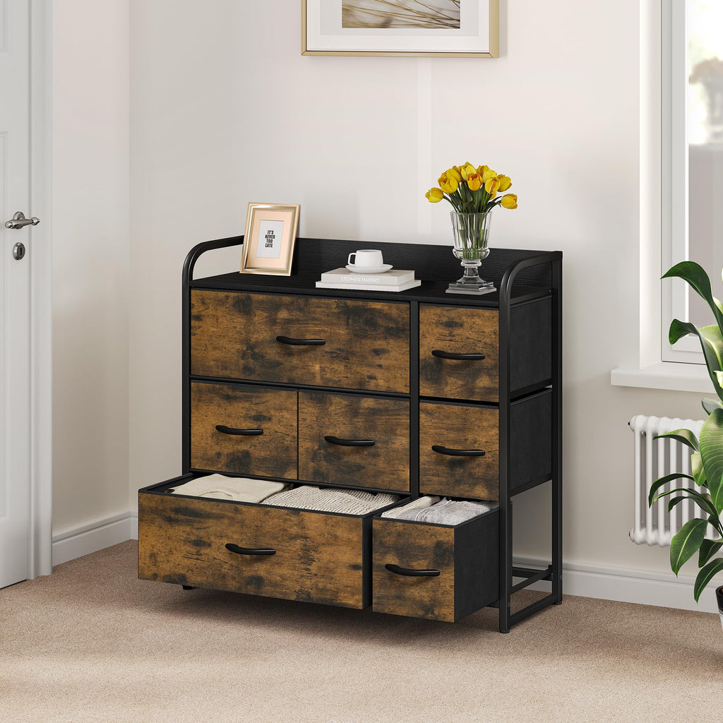 YITAHOME 7-Drawer Fabric Dresser | Metal Frame Storage Chest, Rustic Brown