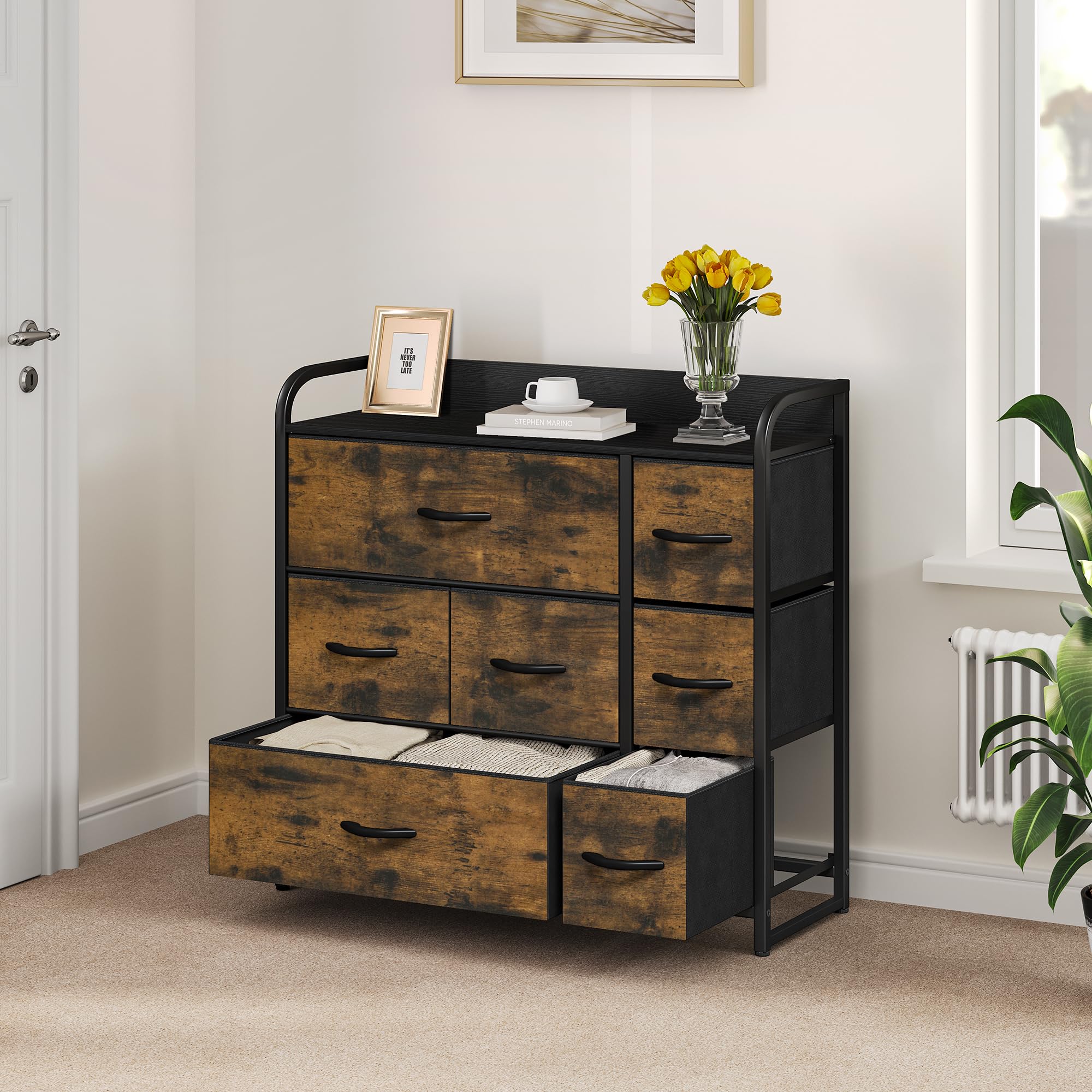 YITAHOME 7-Drawer Fabric Dresser | Metal Frame Storage Chest, Rustic Brown
