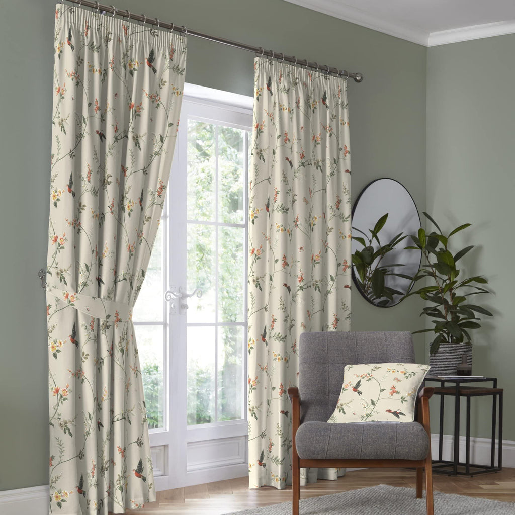 Dreams & Drapes Floral & Bird Cotton Pencil Pleat Curtains, 90x90in