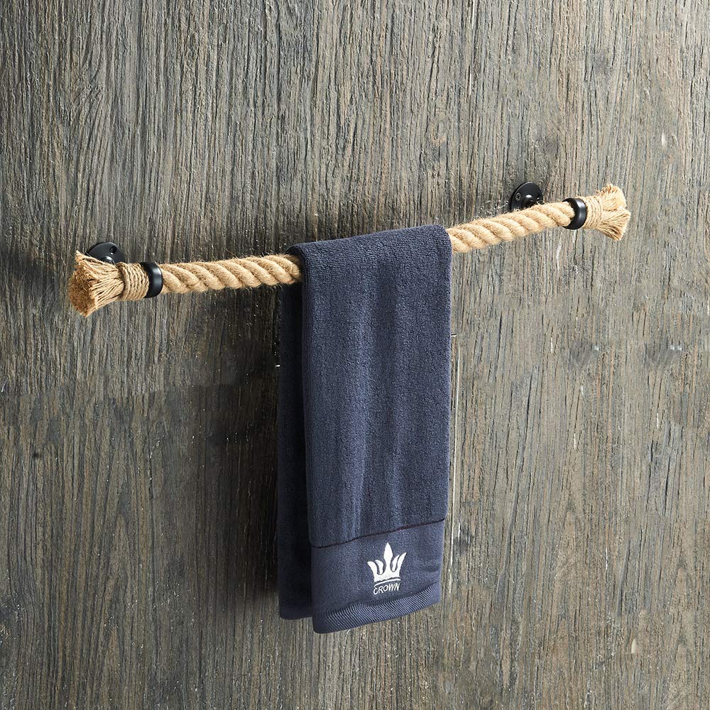Nautical Rope Towel Bar – 23.6" Black Rustic Wall Rack
