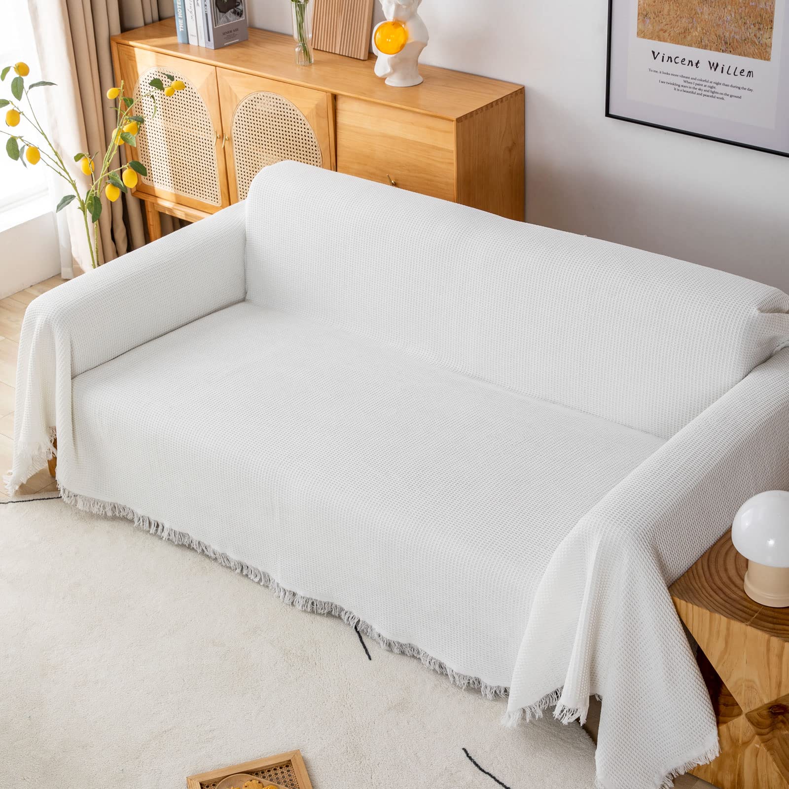 GAOWEI Waffle Sofa Throw – Cotton Couch Cover with Fringe, White 180x300cm