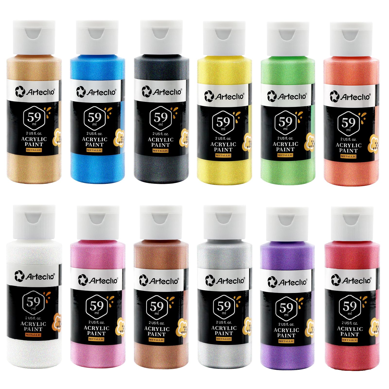 Artecho Metallic Acrylic Paint Set – 12 Glossy Colors for Canvas & Wood