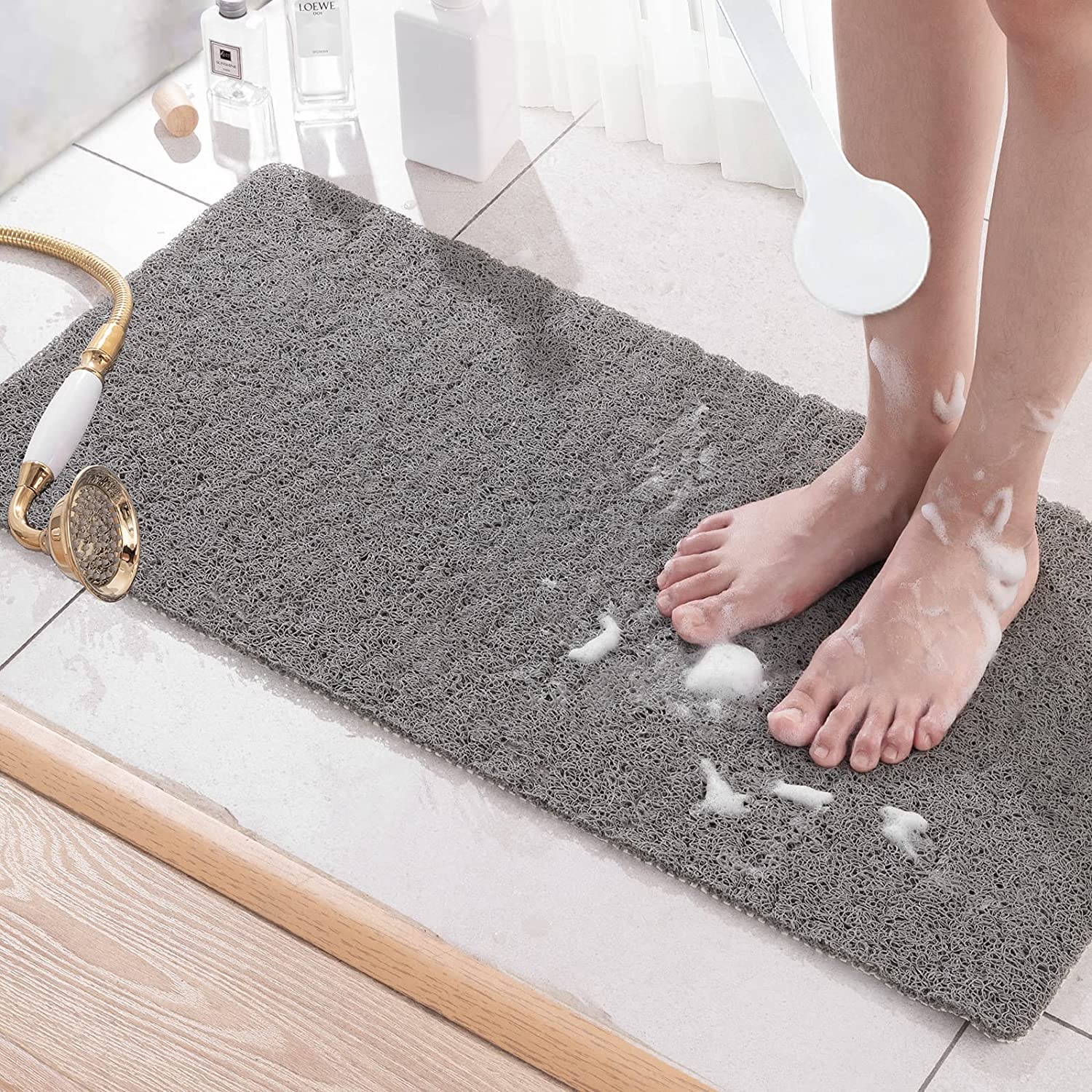 Bingobang Non-Slip Bath Mat – 80x40cm Loofah Textured Shower Rug, Grey