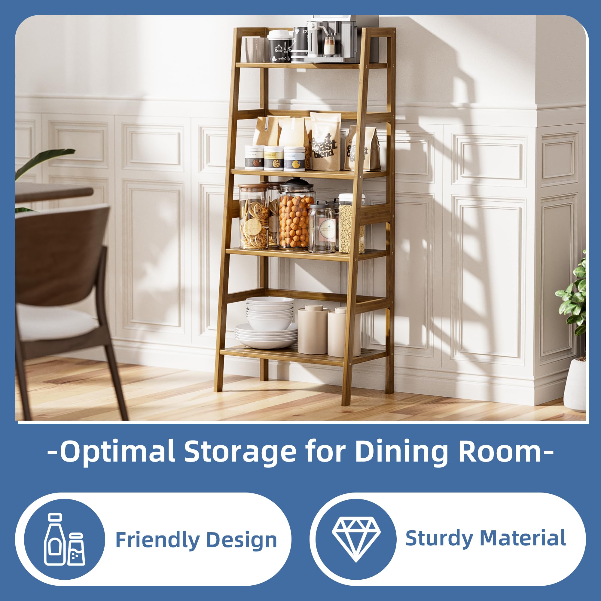 HITNET 4-Tier Bamboo Ladder Bookcase – Leaning Storage Shelf, Walnut