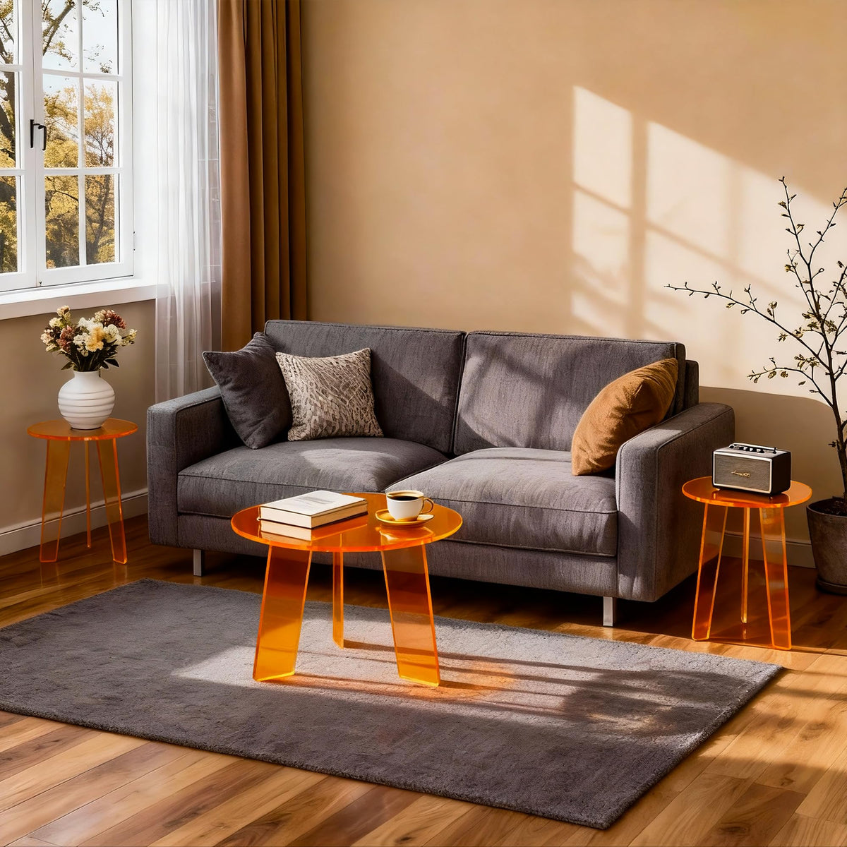 Dewrhiixe Acrylic Round Coffee Table, Clear Circle Modern Lucite Side Table for Living Room, Bedroom, Office Orange, 60×60×40 cm - image 5