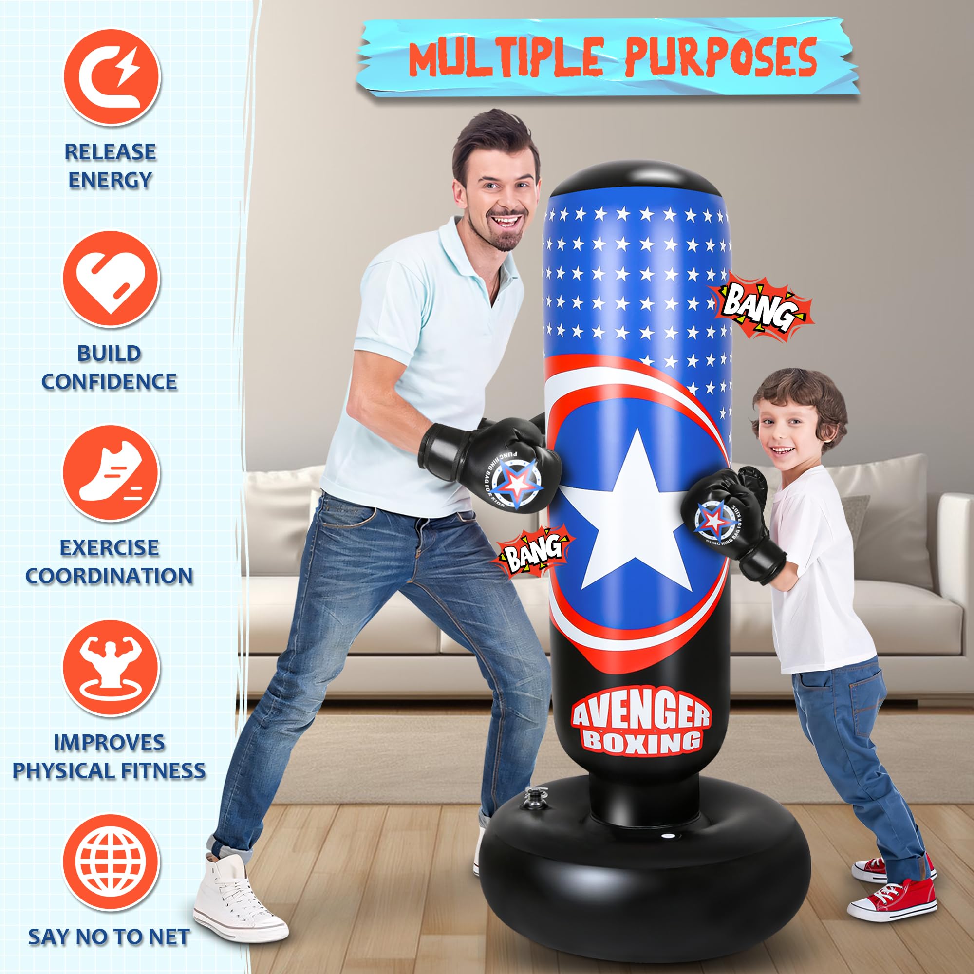 YasinKidz 66 Inch Inflatable Kids Punching Bag Set with Boxing Gloves