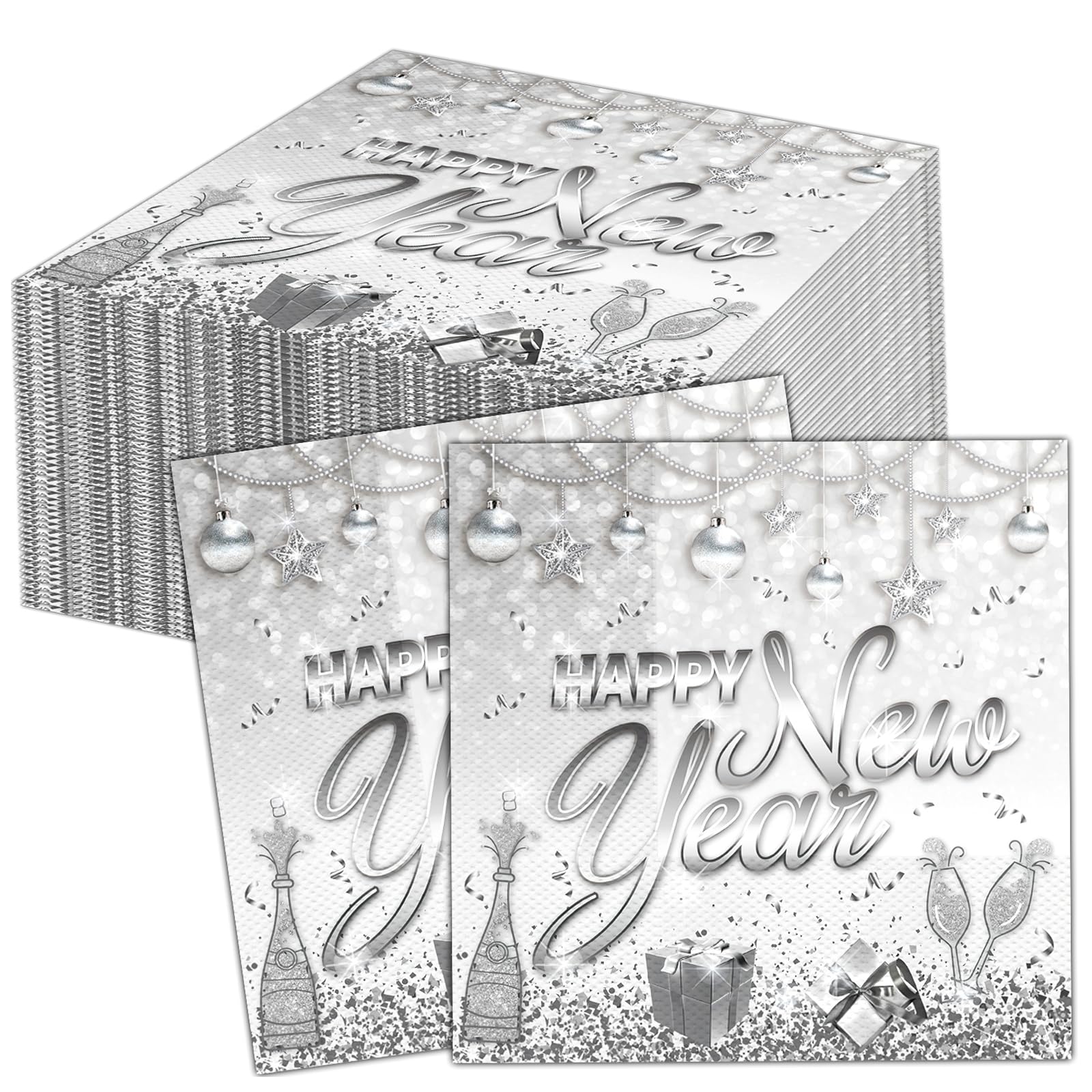 HOWAF 40pcs Silver Happy New Year Napkins | 2026 NYE Party Cocktail Serviettes