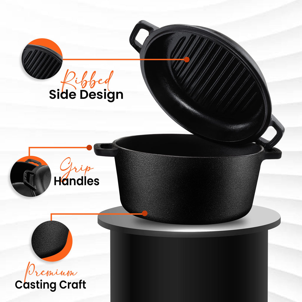 KICHLY 5 Qt Pre-Seasoned Cast Iron Dutch Oven with 2-in-1 Griddle Lid