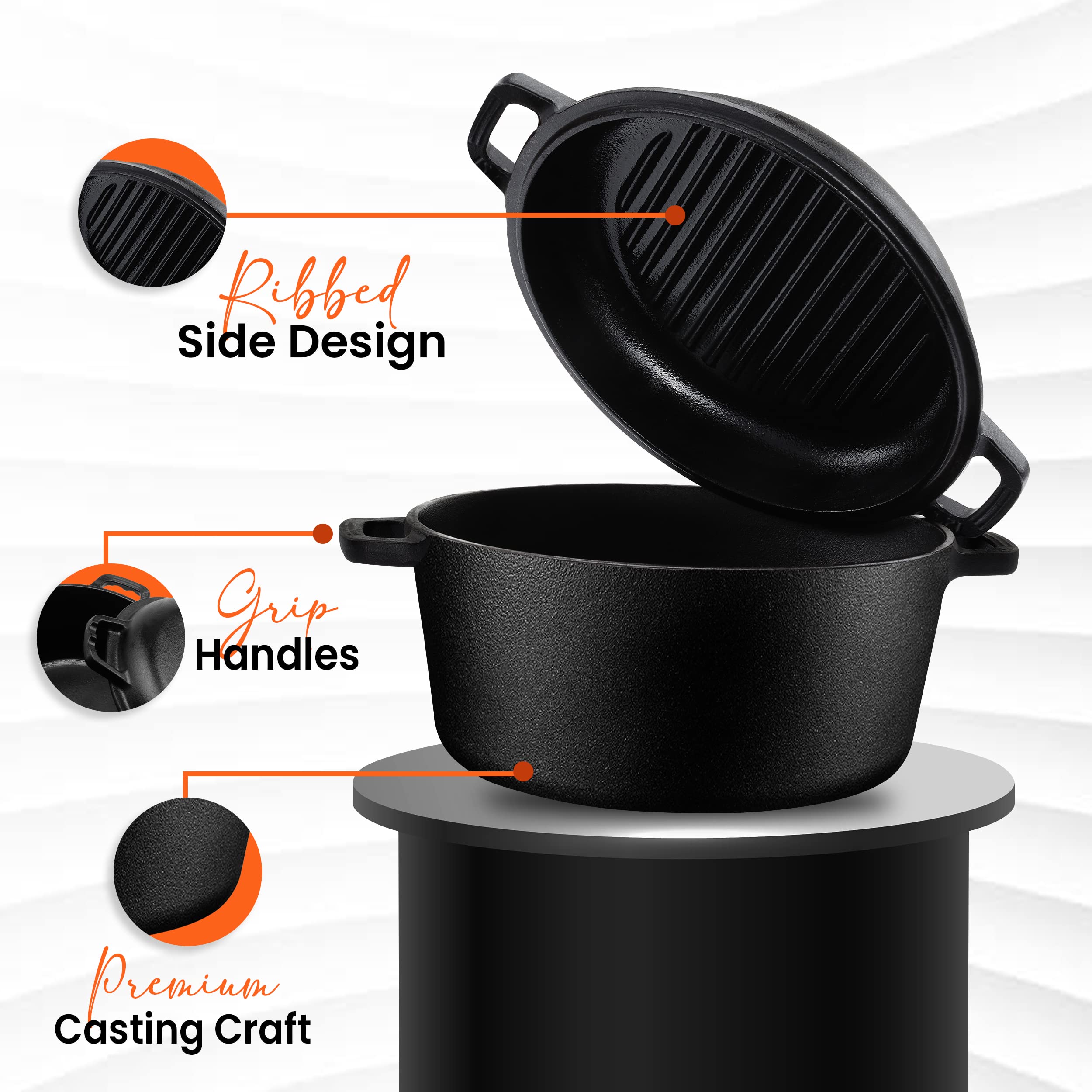 KICHLY 5 Qt Pre-Seasoned Cast Iron Dutch Oven with 2-in-1 Griddle Lid