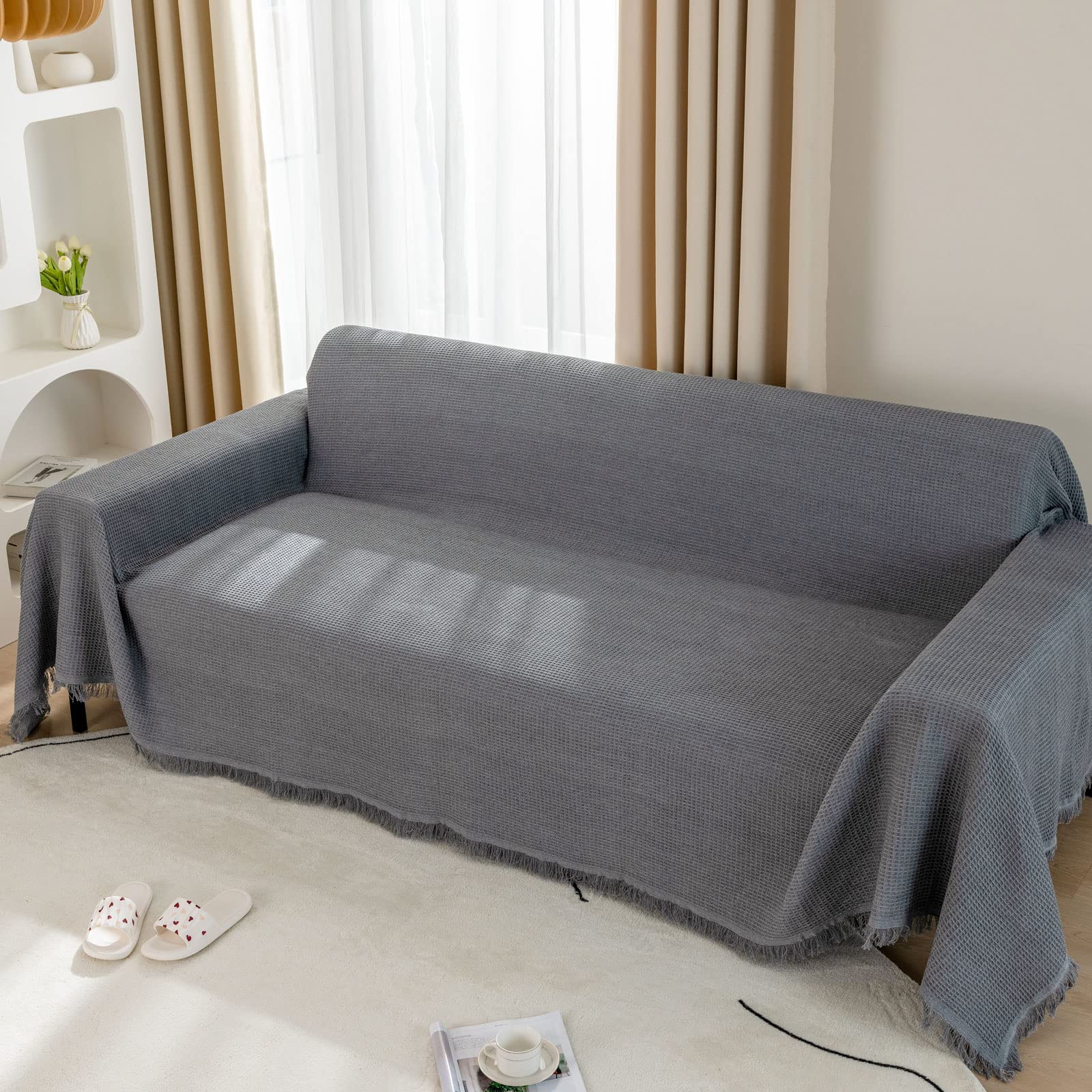 LHGOGO Woven Waffle Sofa Throw – Large 3 Seater Reversible Cotton Grey