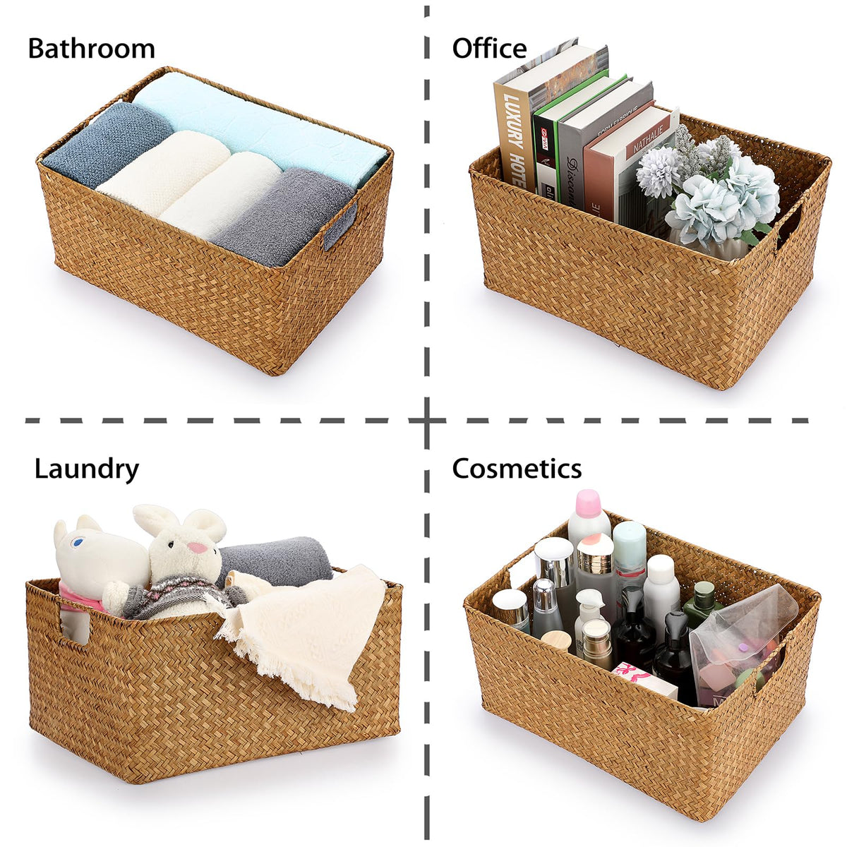 IGNPION Seagrass Storage Opened Basket Living Room Decorative Baskets Woven Wicker Towel Basket Rectangular Bathroom Storage Organiser Box - image 5