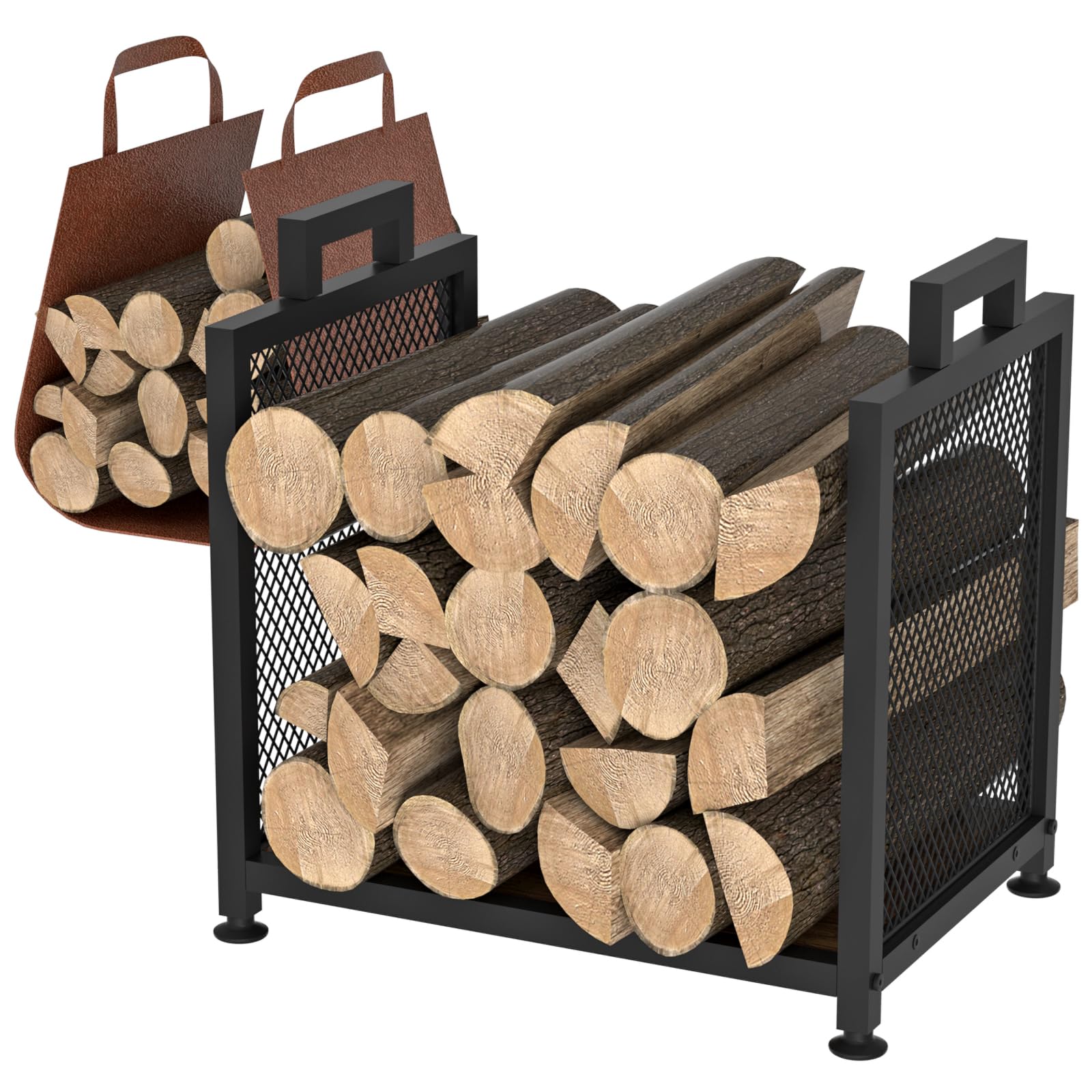VyGrow Indoor Firewood Rack – Heavy Duty Metal Log Holder with Leather Carrier