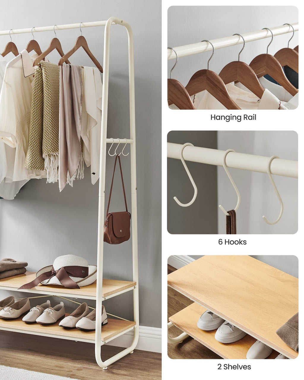 VASAGLE Clothes Rail – Steel Frame Rack with 2 Shelves, Oak & Cream White