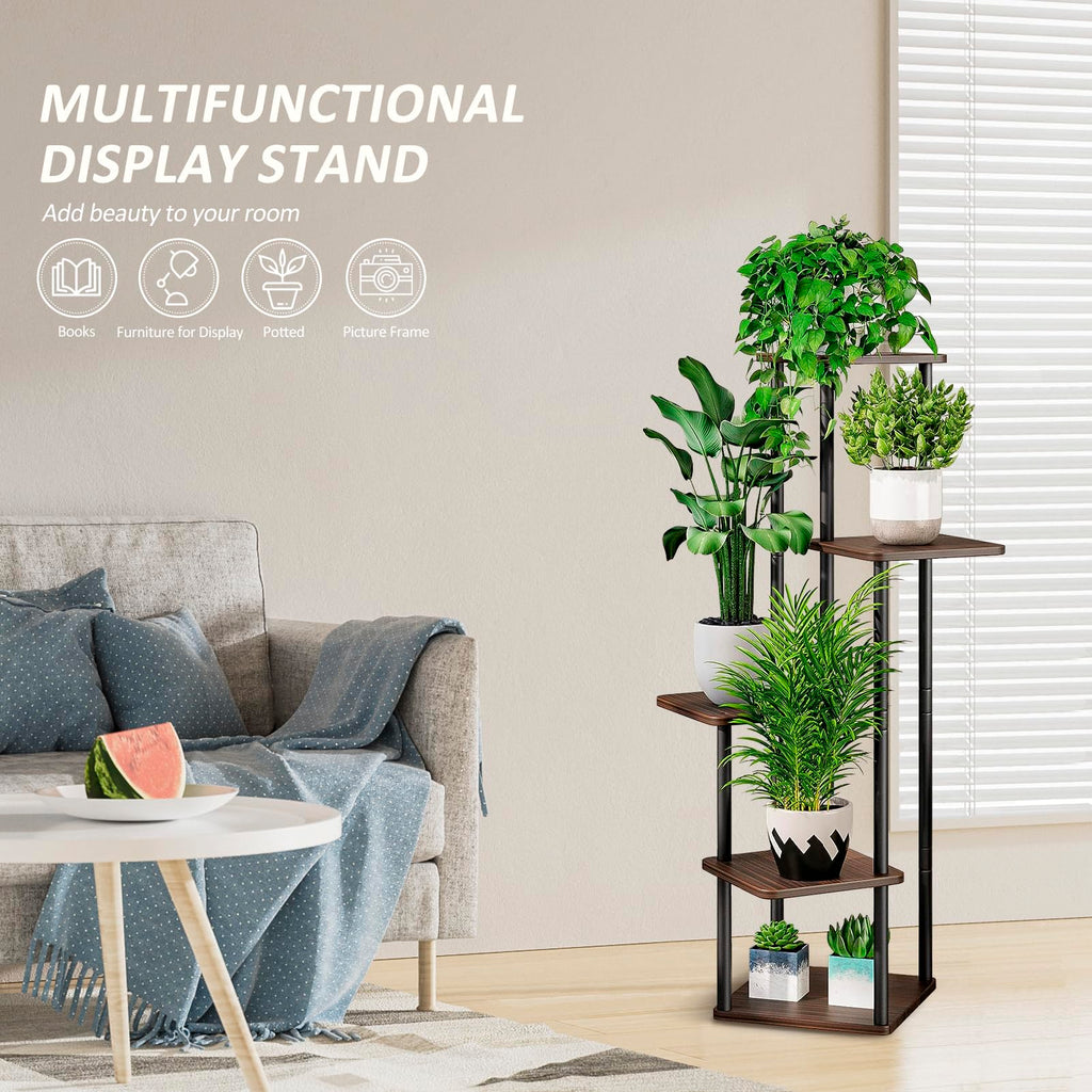 VASZOLA 5 Tier Wood Plant Stand – Tall Metal Indoor Outdoor Rack