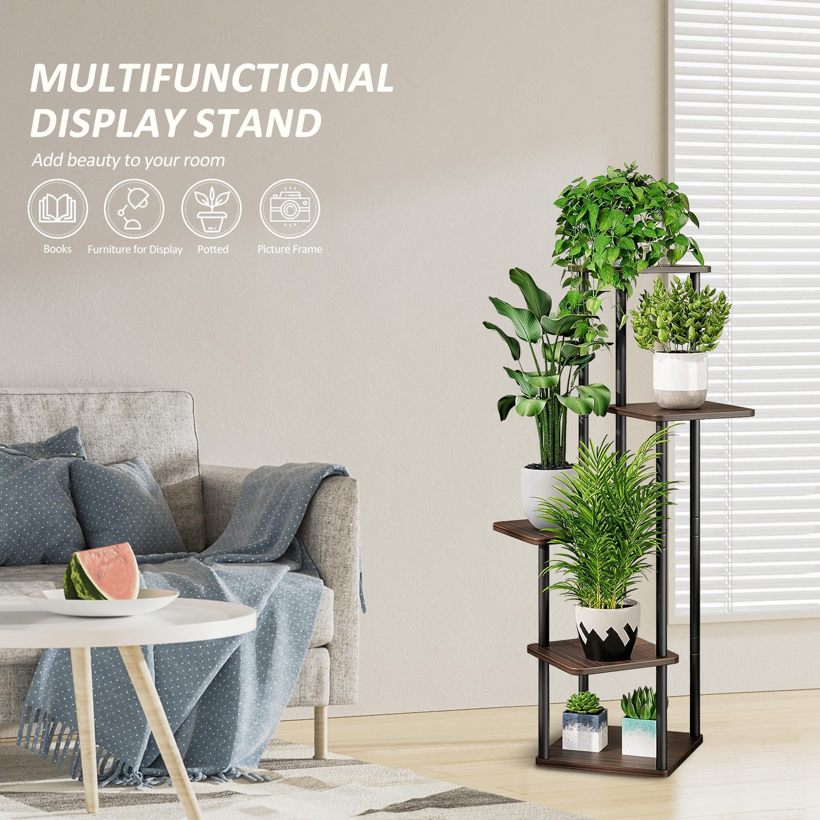 VASZOLA 5 Tier Wood Plant Stand – Tall Metal Indoor Outdoor Rack
