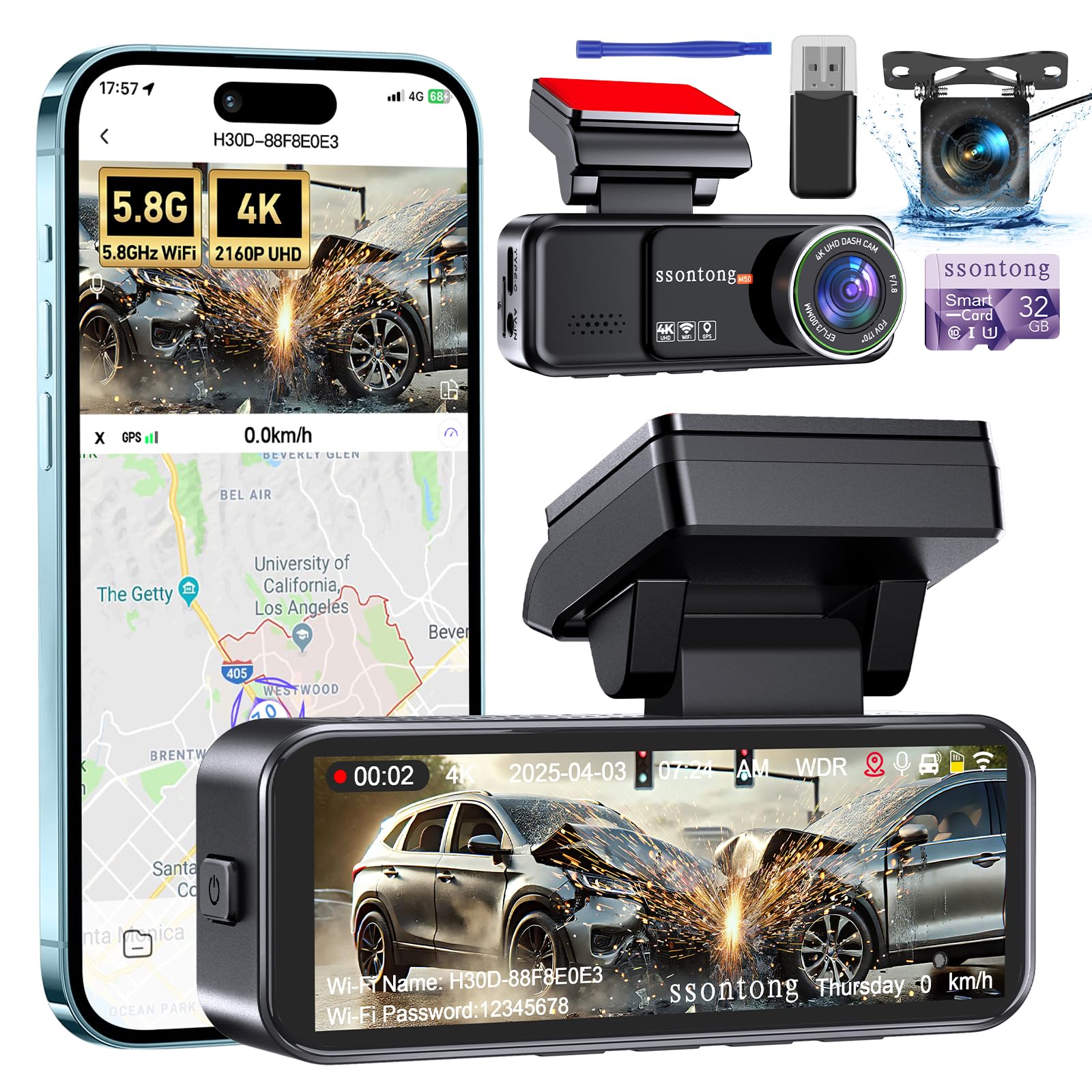 4K Dash Cam Front and Rear | Dual Dashcam with GPS and WiFi