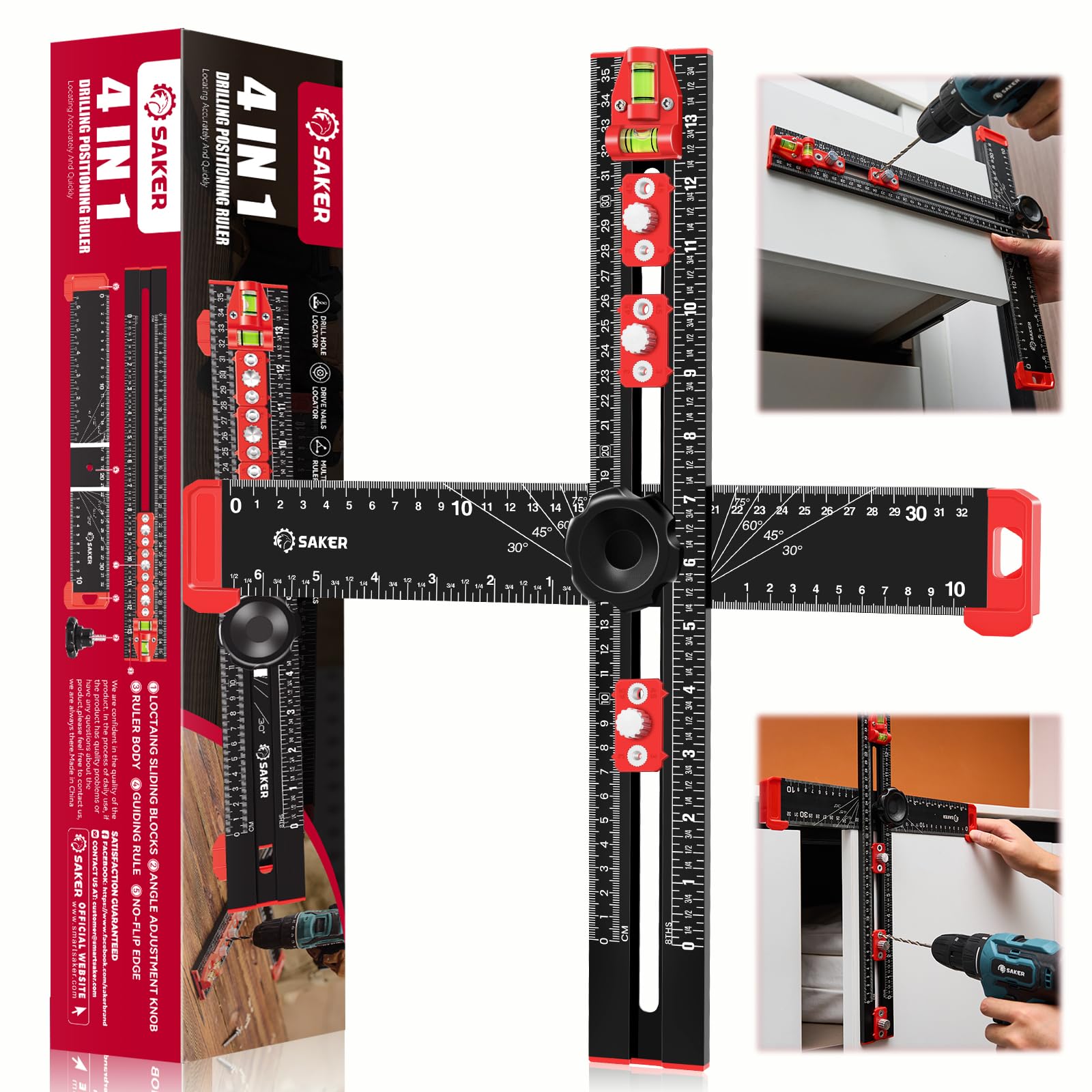 Saker 4-in-1 Drilling Positioning Ruler | 13.78in T Square Cabinet Jig