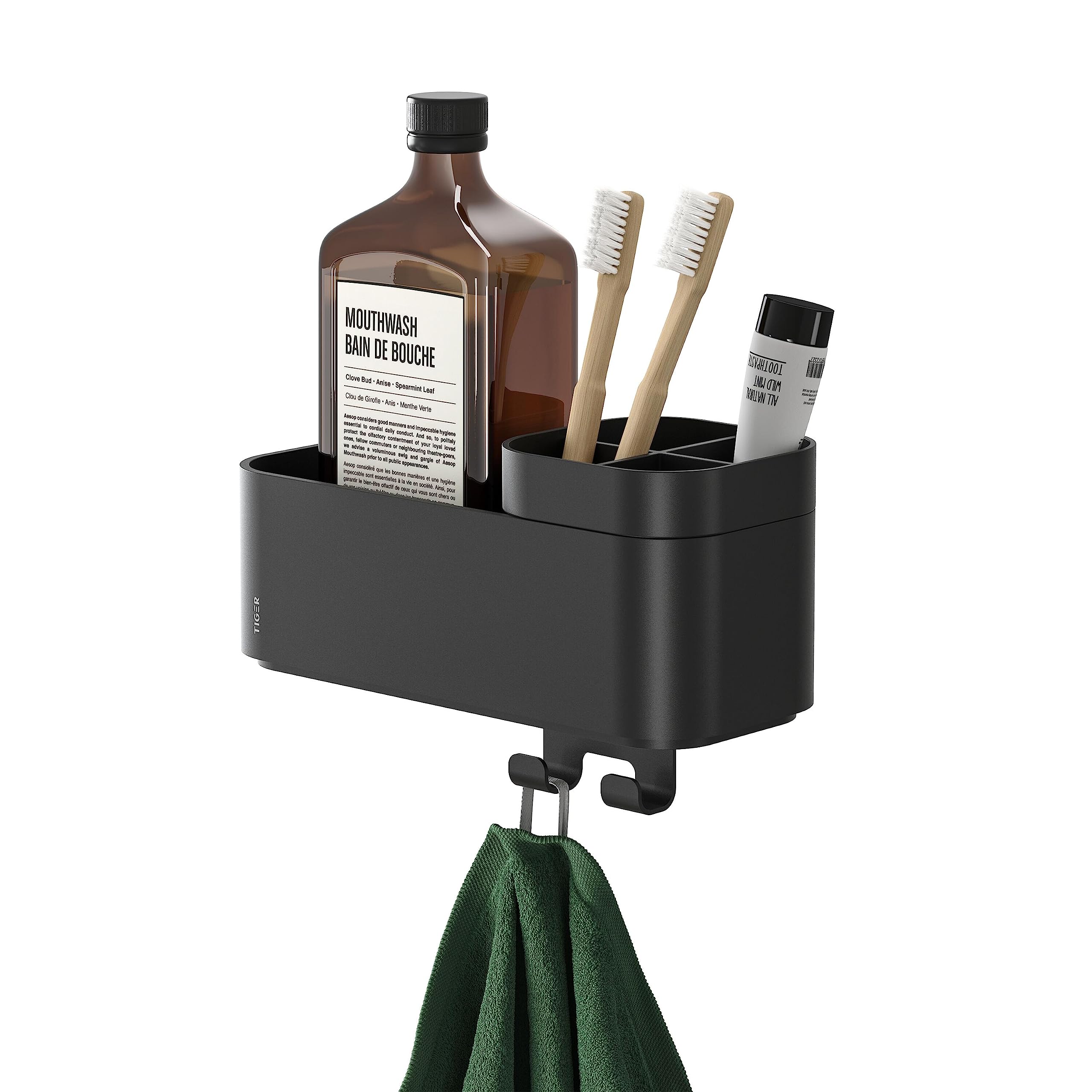 Tiger 2-Store Bathroom Storage Tray with Towel Hook - 25cm Black