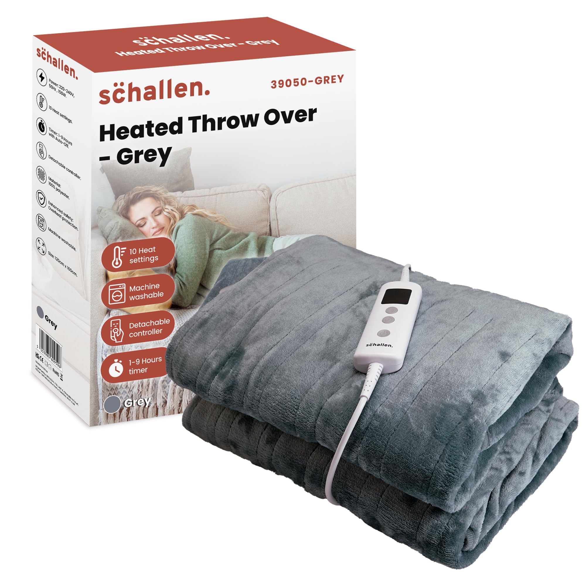 Schallen Grey Heated Throw Blanket – 10 Heat Settings & Timer – 120x160cm