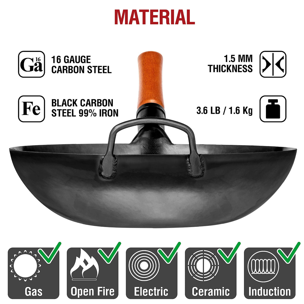 Yosukata 34 cm Carbon Steel Wok Pan – Pre-Seasoned Flat Bottom Pow Wok
