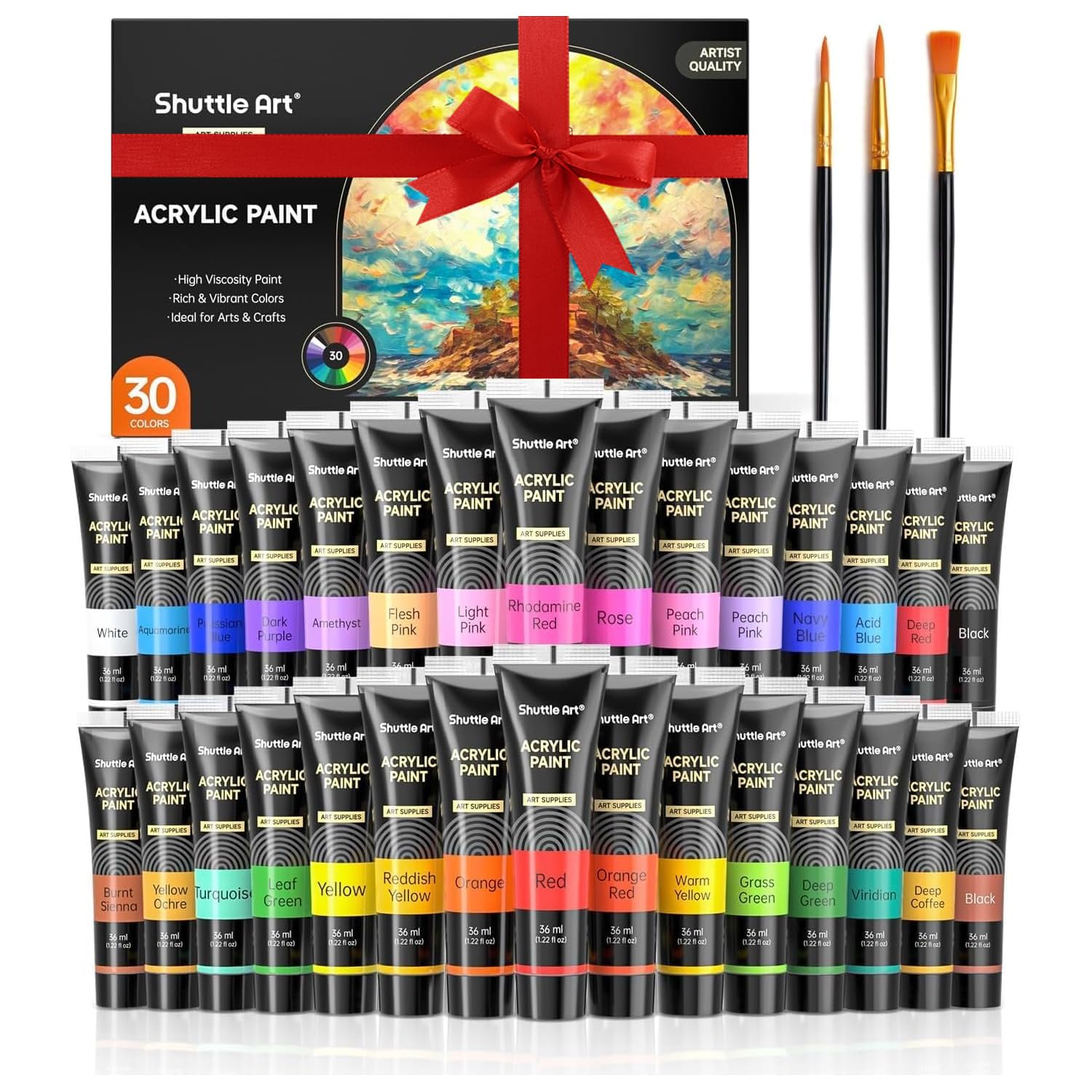 Shuttle Art Acrylic Paint Set | 30 Colors (36ml) with 3 Brushes